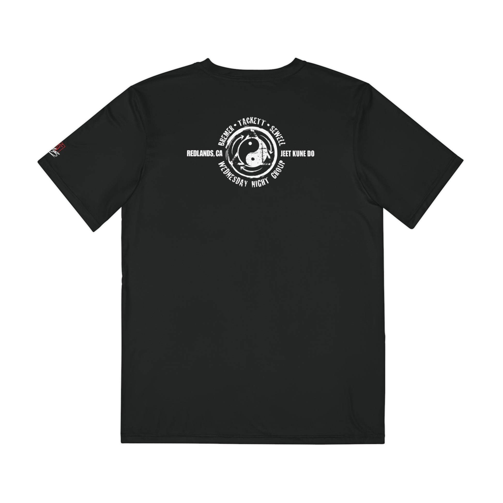 Back view of a black polyester t-shirt with the JKD Wednesday Night Group logo printed on the upper back.