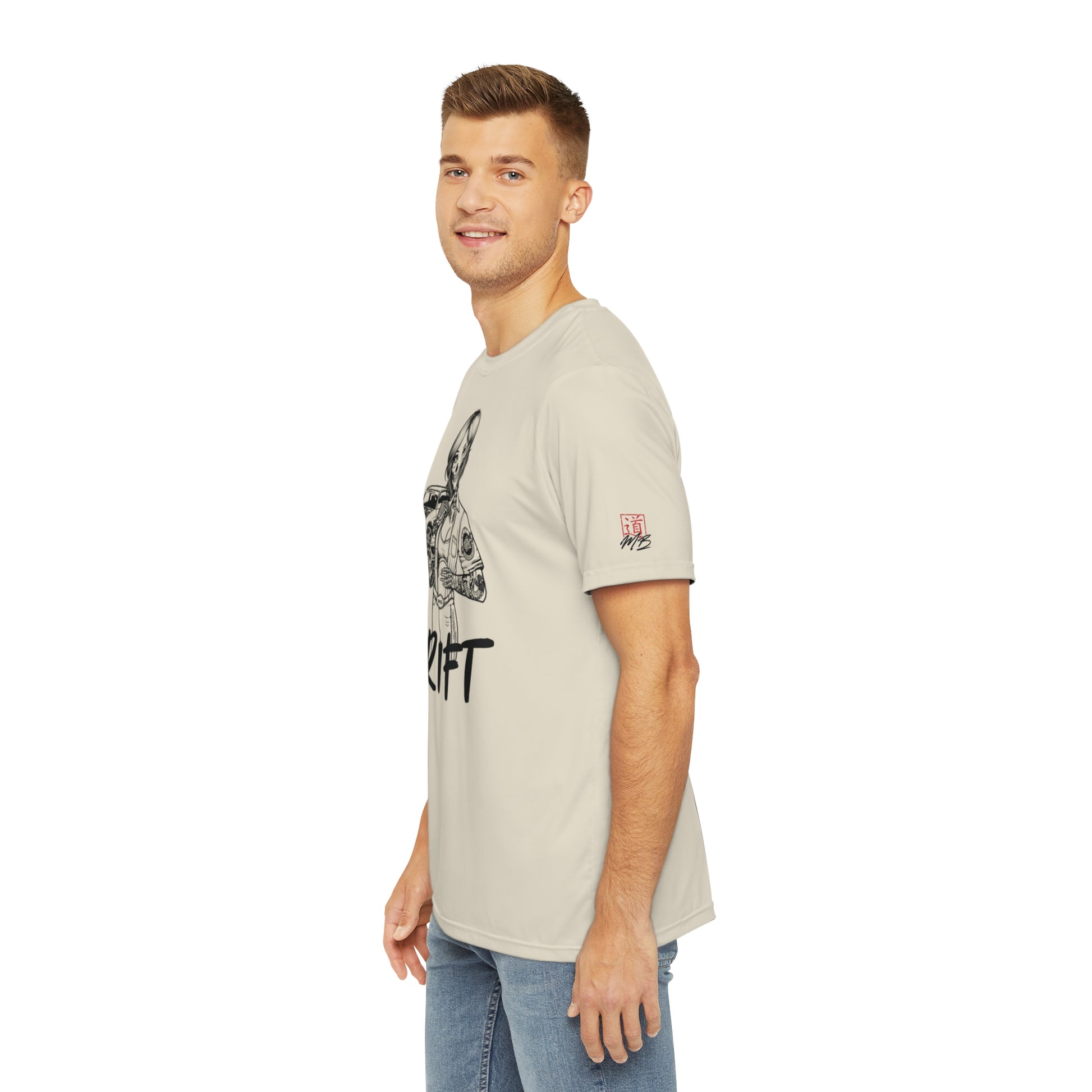 Left side view of a man wearing an off-white t-shirt, with a design of a female skeleton dressed as a mechanic printed on the front. The MartialBoutique logo appears on the left sleeve.