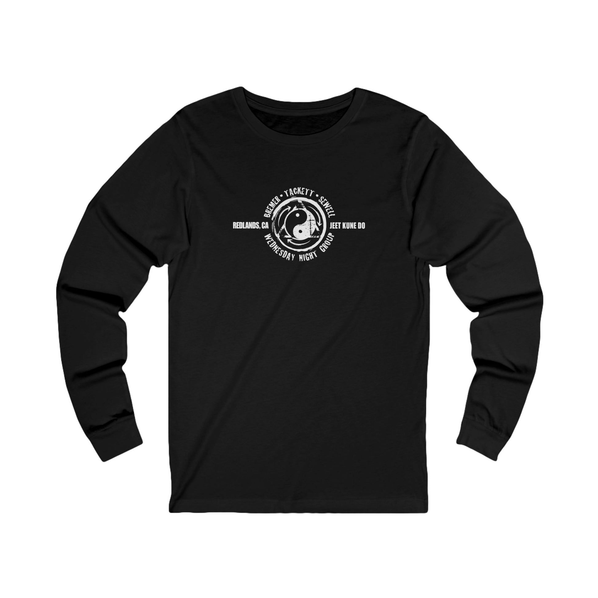 Front view of a black cotton, long sleeve t-shirt, with the JKD Wednesday Night Group logo on the chest.