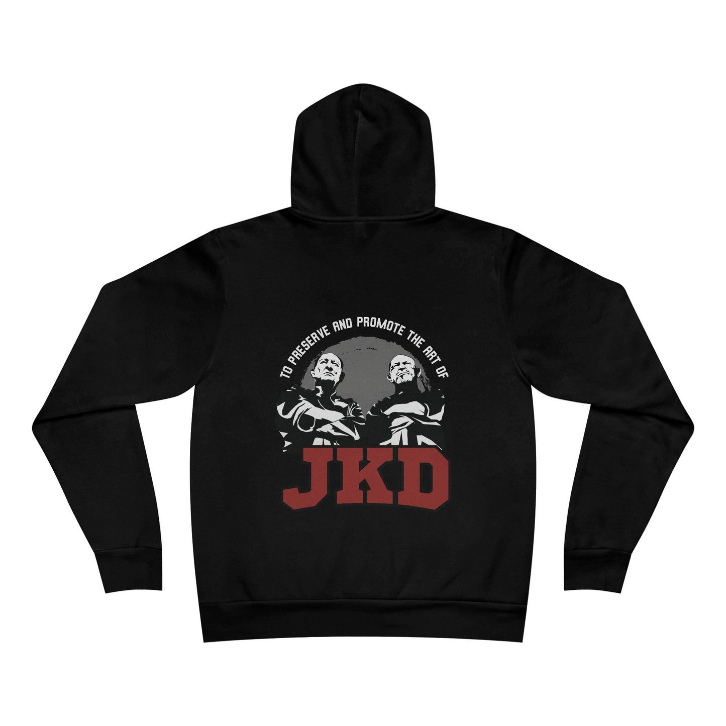 Back view of a black pullover hoodie with an image of Tim Tackett and Bob Bremer, two prominent Jeet Kune Do teachers. The text surrounding the image reads "To preserve and promote the art of JKD".