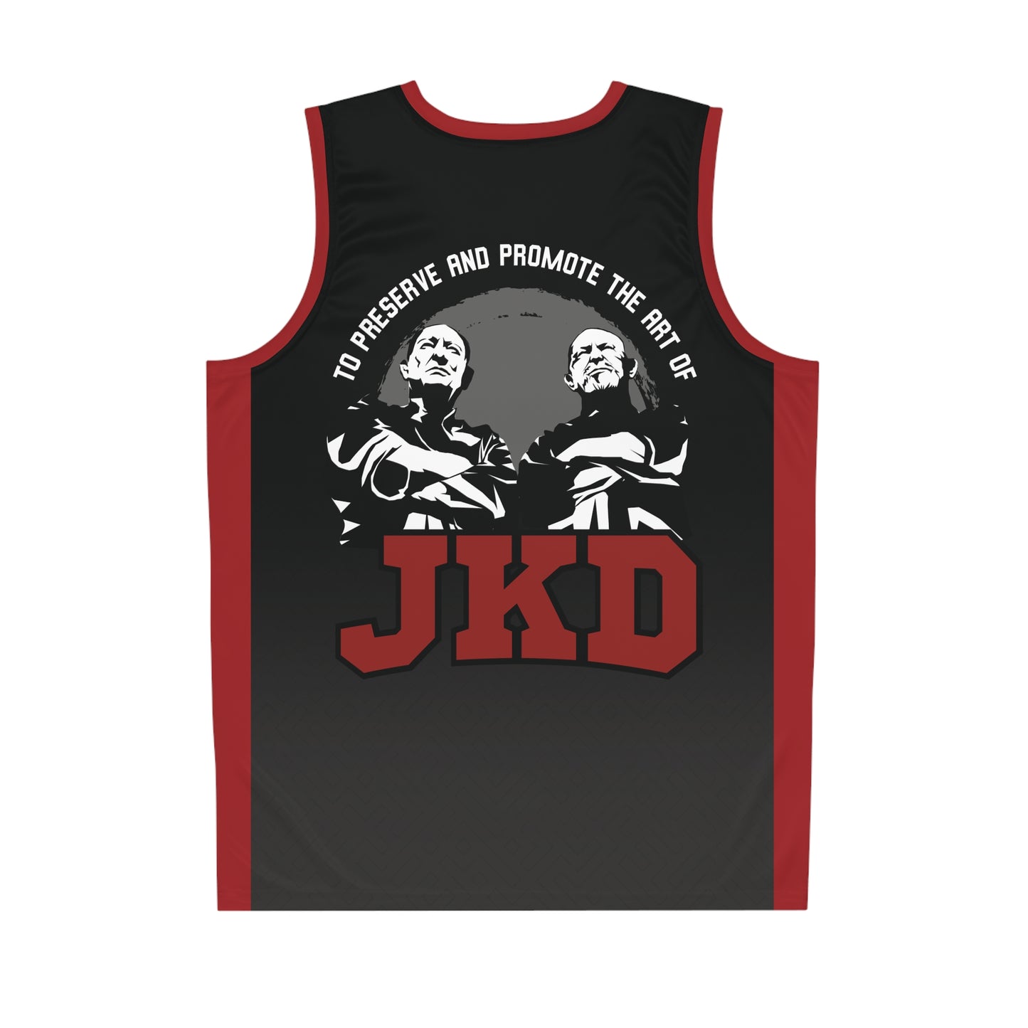 Back view of a black and red jersey featuring Bob Bremer and Tim Tackett, the guiding voices of the JKD Wednesday Night Group.