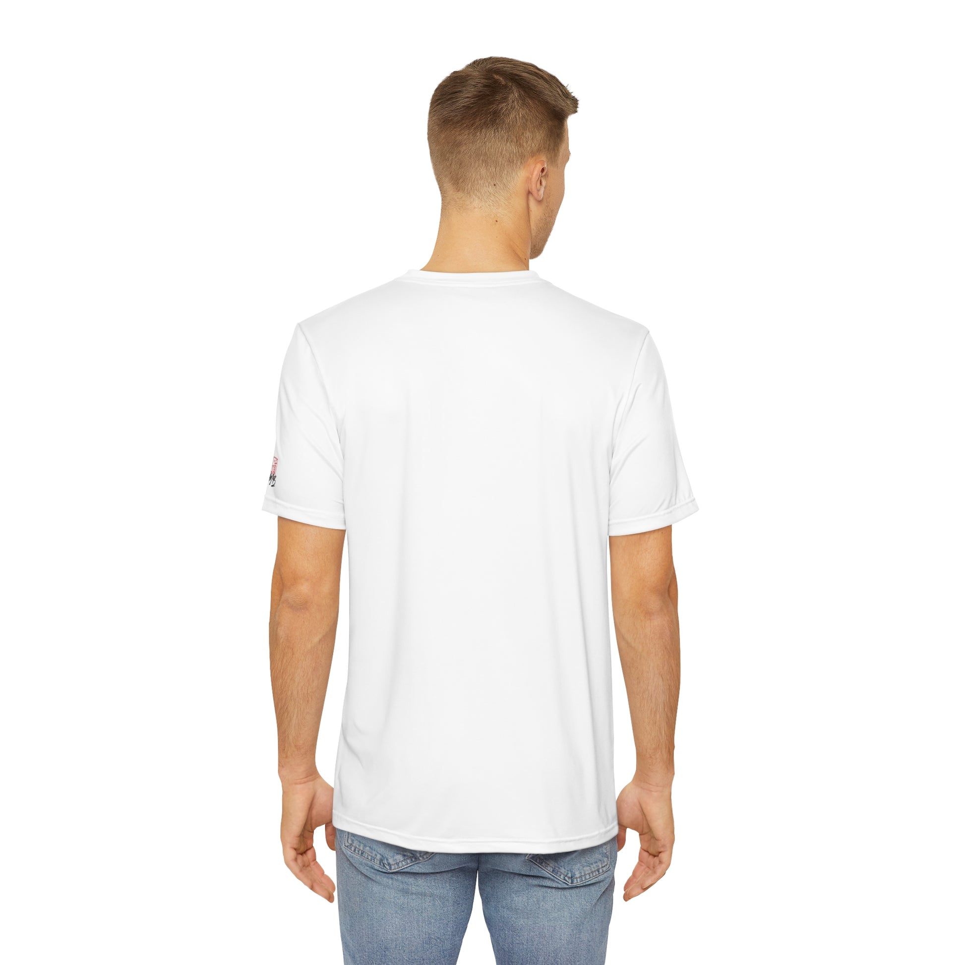 Back view of a man wearing a white polyester t-shirt.