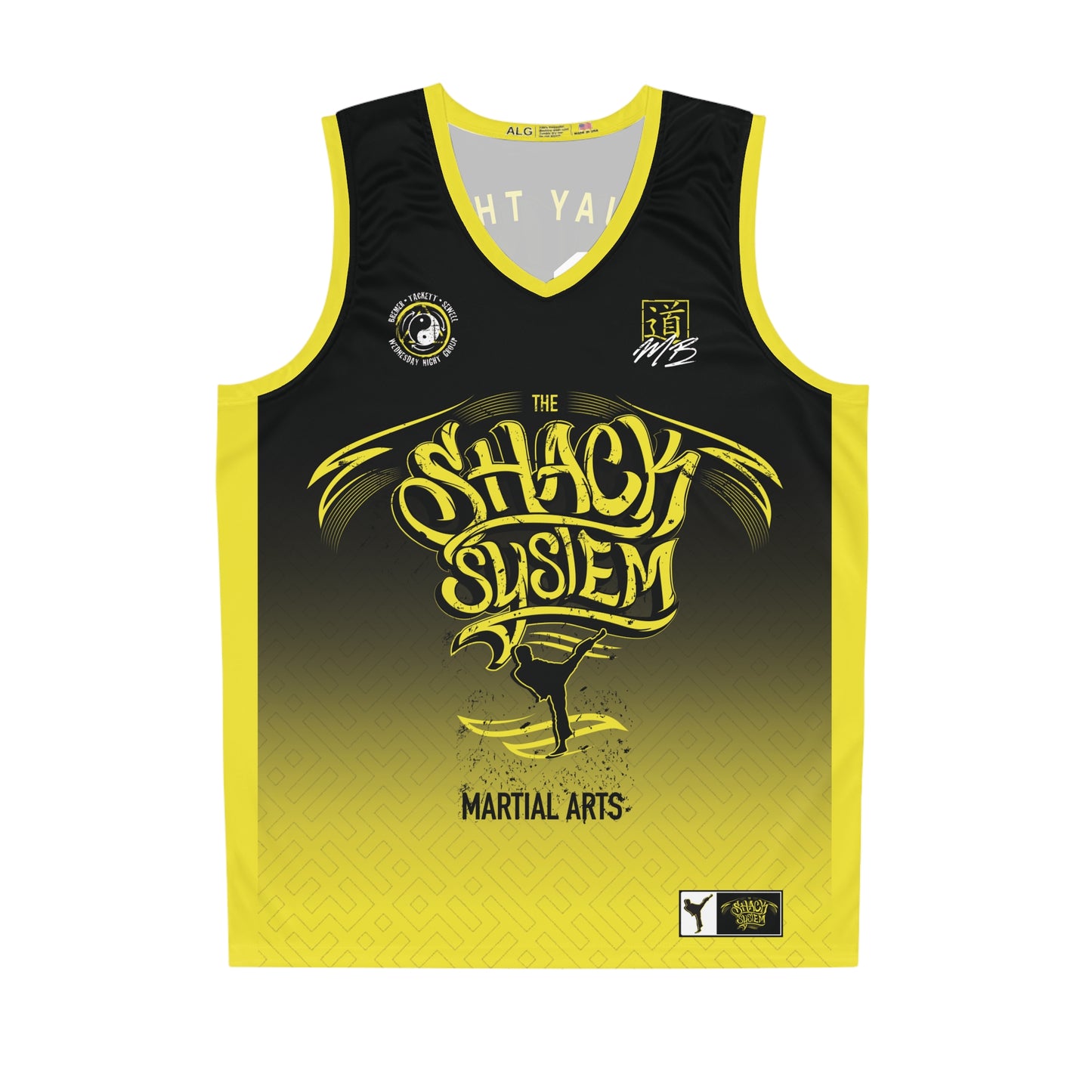 Front view of a black and yellow custom team jersey with The Shack System logo on the front.