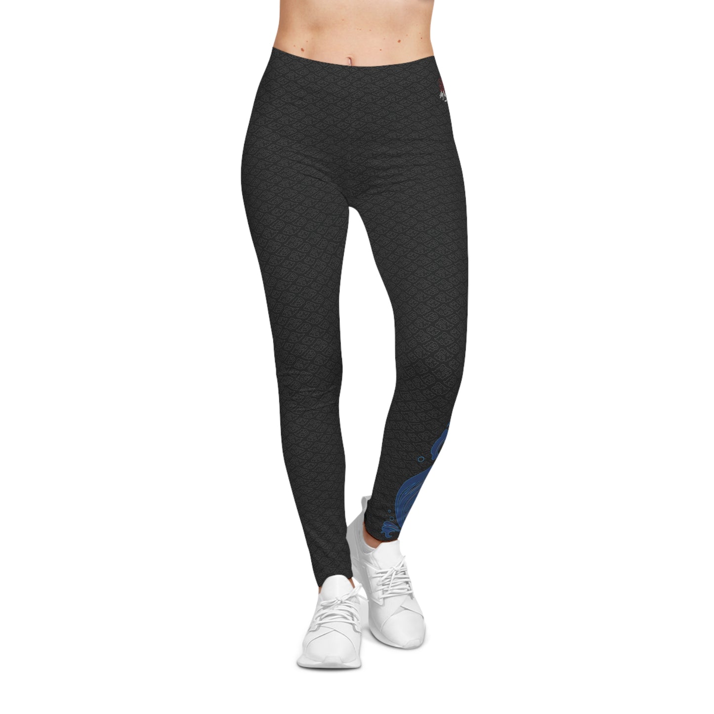 Front view of black, patterned low-rise leggings.