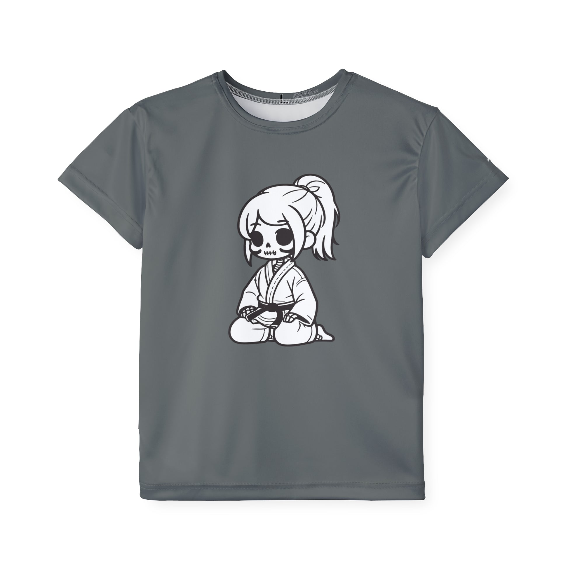 Front view of a dark gray, polyester kids t-shirt, with a design of a skeleton girl wearing a jiu jitsu gi and black belt on the front.