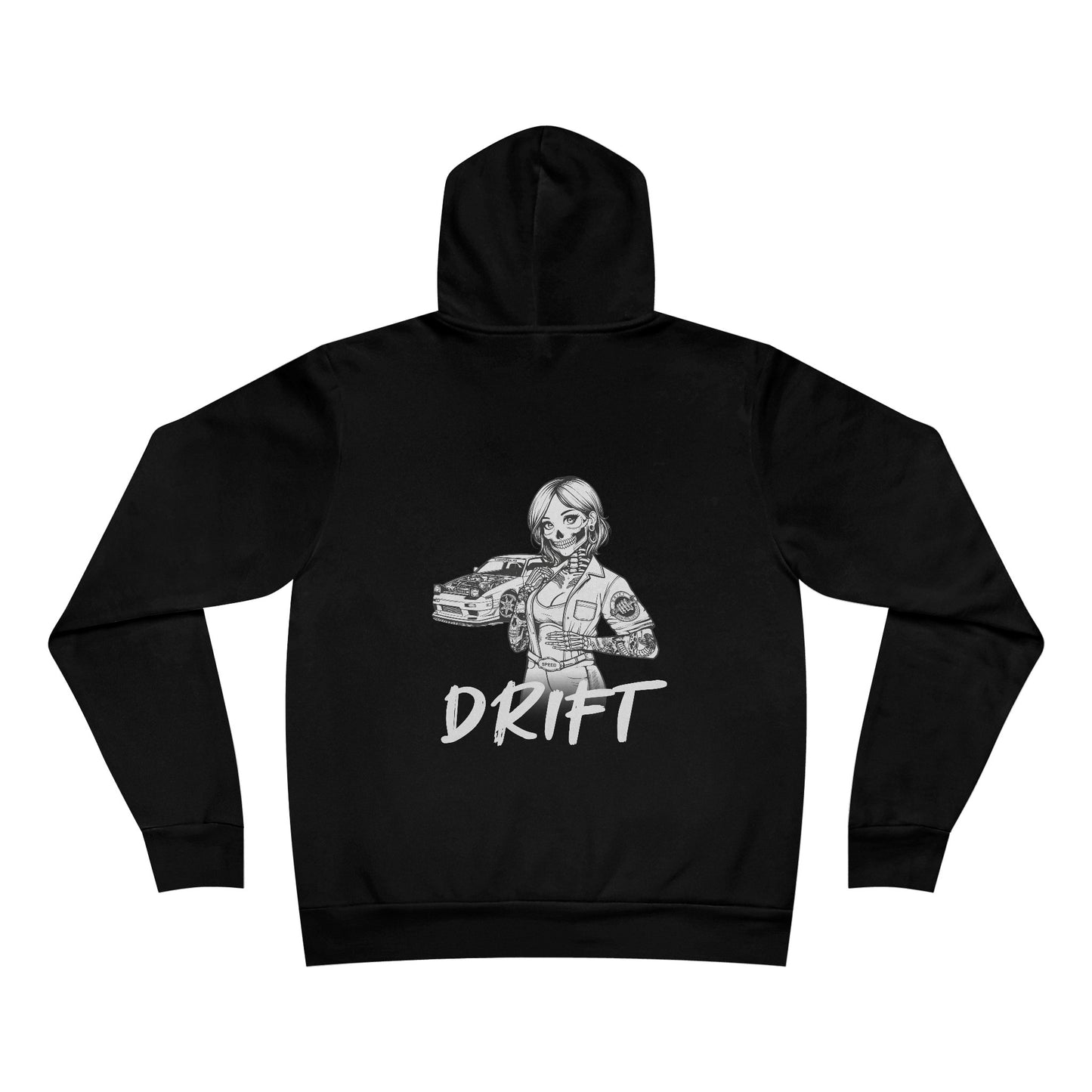 Back view of a black fleece hoodie, with a design of a female skeleton dressed as a mechanic on the back. The mechanic is standing next to her car with the word "Drift" written underneath.