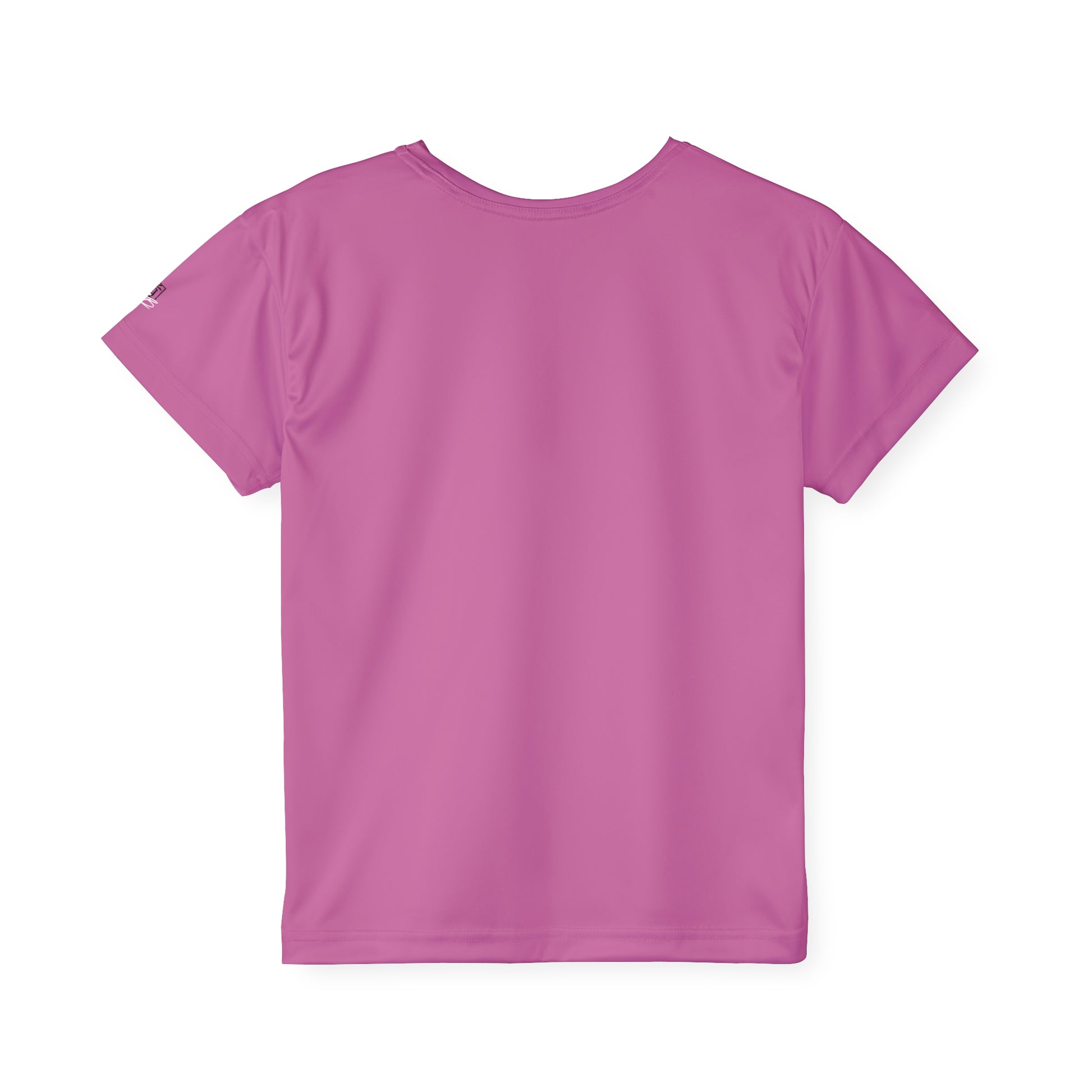 Back view of a light pink, polyester kids t-shirt.