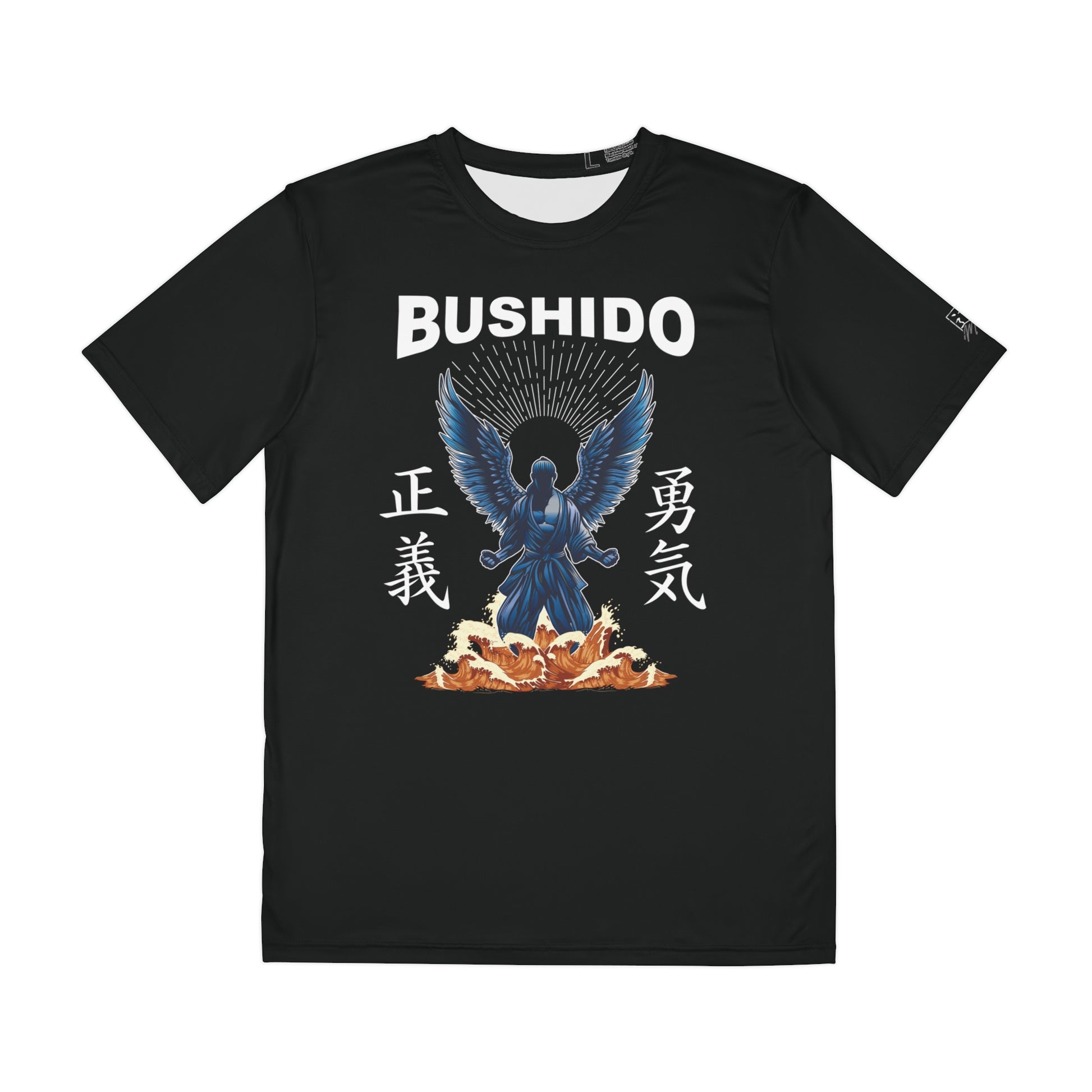 Black polyester t-shirt with an illustration of a martial artist with angel wings. The text above the design reads "Bushido", and the kanji on the left and right sides are translated to English as "Justice" and "Courage".