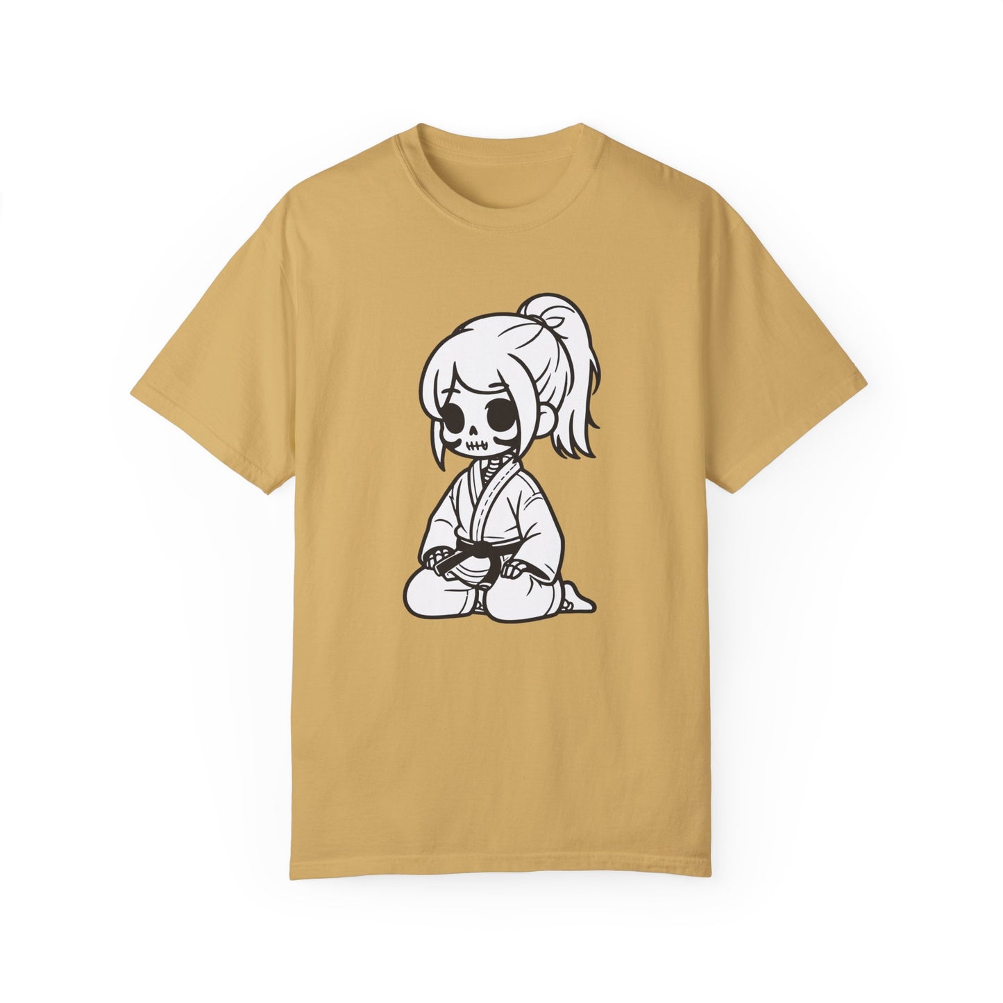 Front view of a mustard colored, cotton t-shirt with a design of a skeleton girl wearing a jiu jitsu gi. Wrapped around the girl's waist is a black belt.