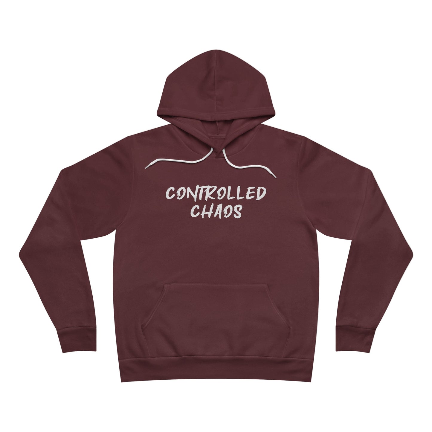 Front view of a maroon fleece hoodie, with the words "Controlled Chaos" written across the chest.