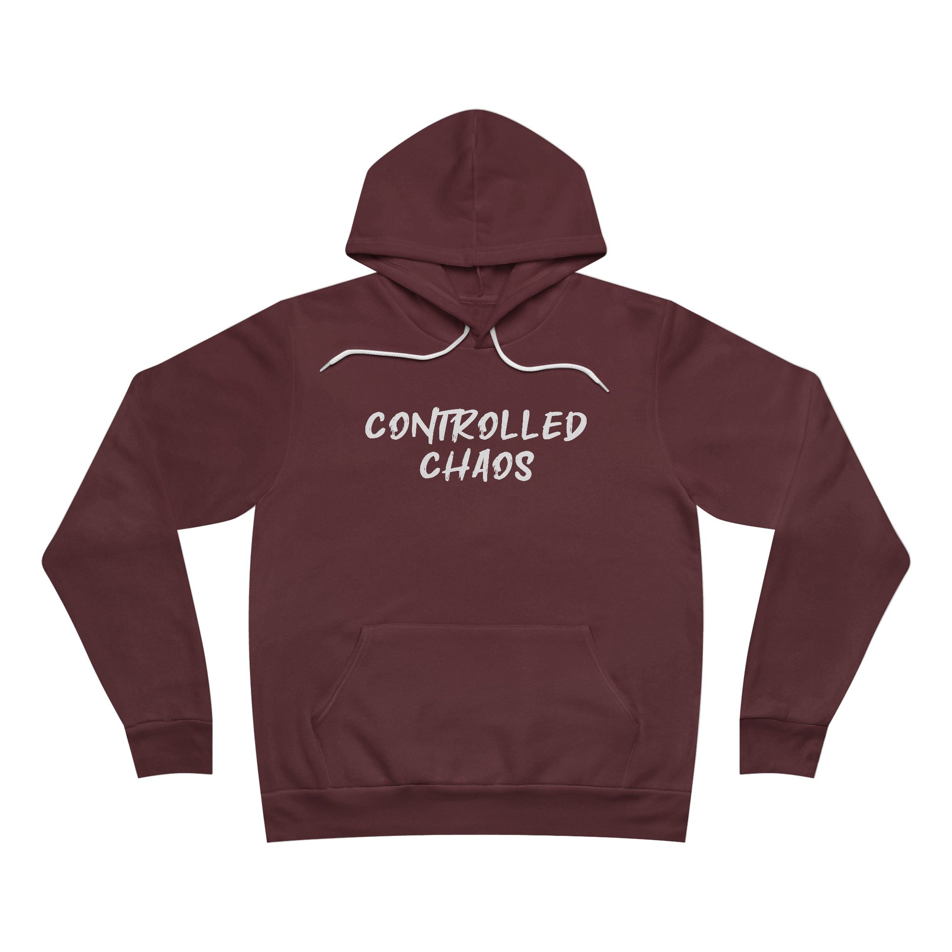 Front view of a maroon fleece hoodie, with the words "Controlled Chaos" written across the chest.