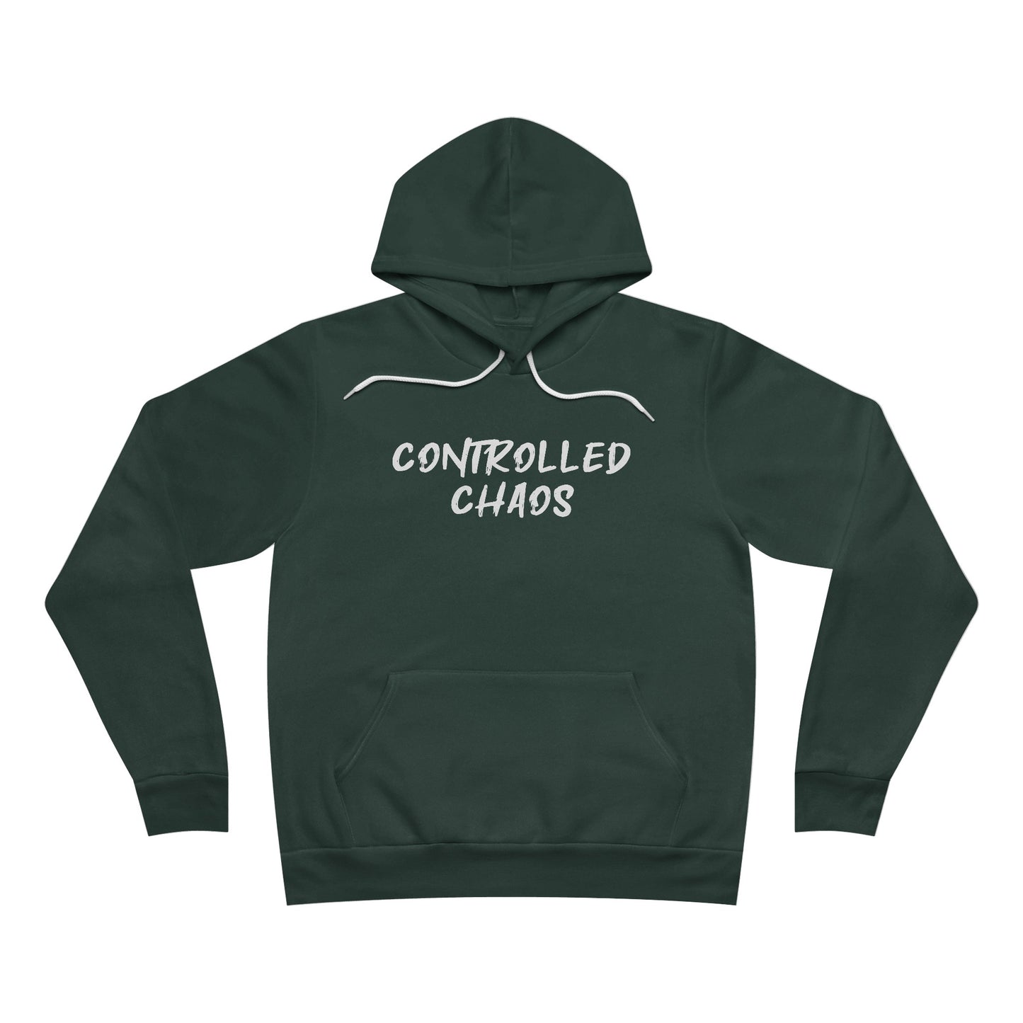 Front view of a forest green colored fleece hoodie, with the words "Controlled Chaos" written across the chest.