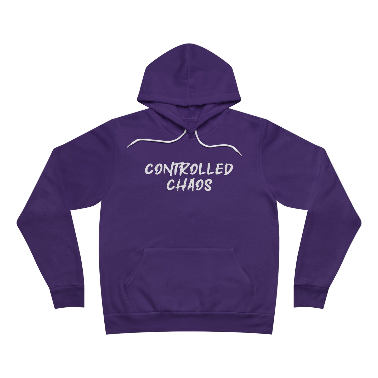 Front view of a purple fleece hoodie, with the words "Controlled Chaos" written across the chest.