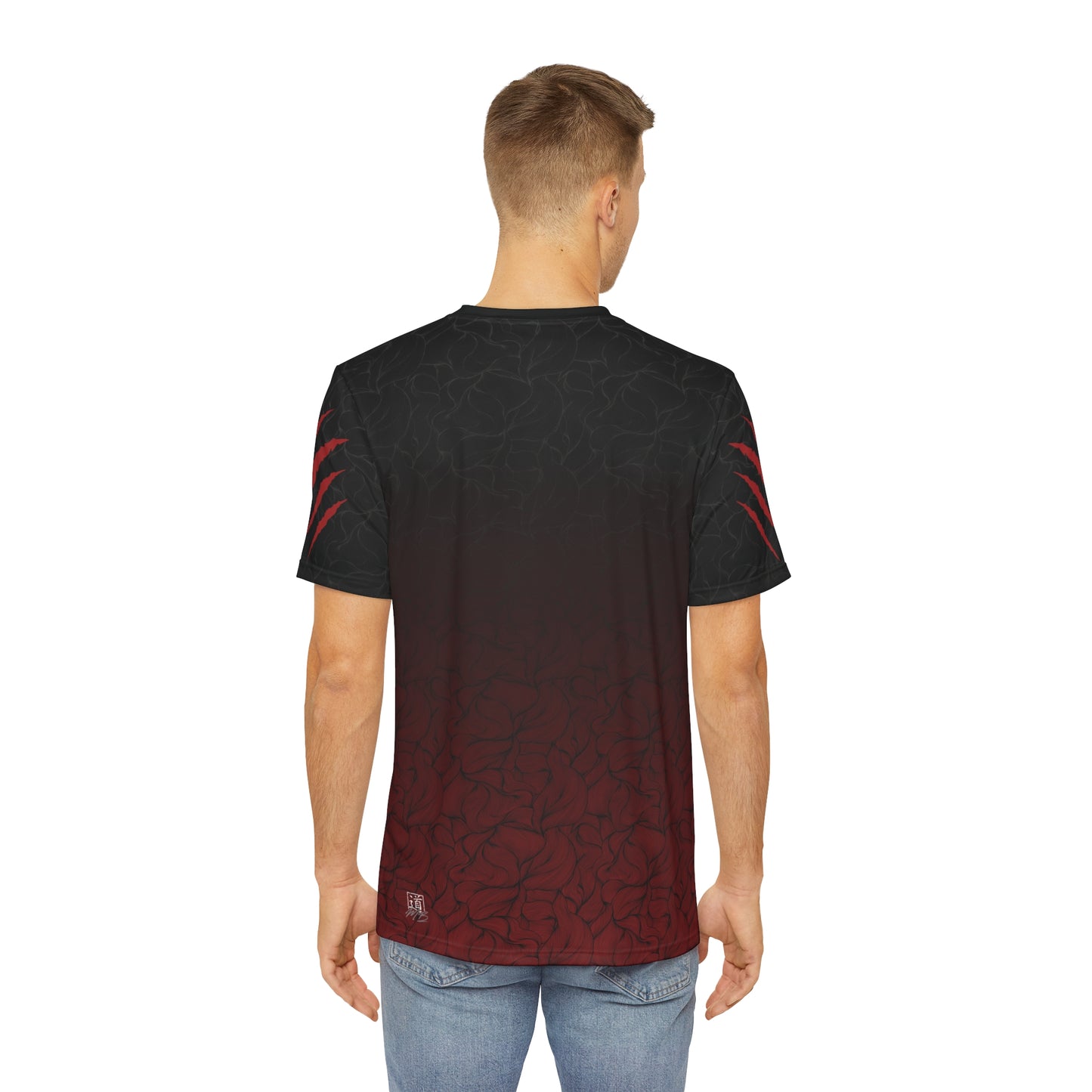 Back view of a man wearing a black and red, polyester, all over print t-shirt. The sleeves of the shirt have claw marks across them.