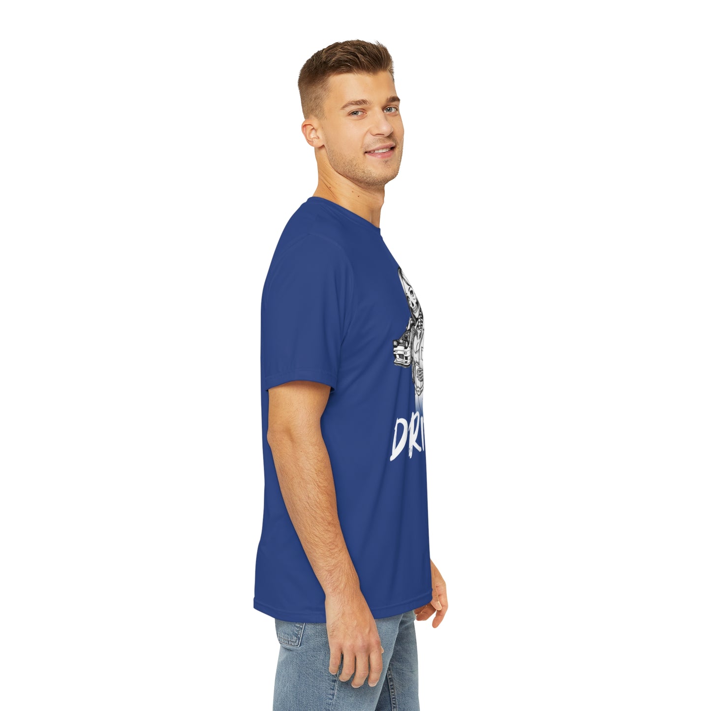 Right side view of a man wearing a dark blue polyester t-shirt, with a design of a female skeleton dressed as a mechanic printed on the front.