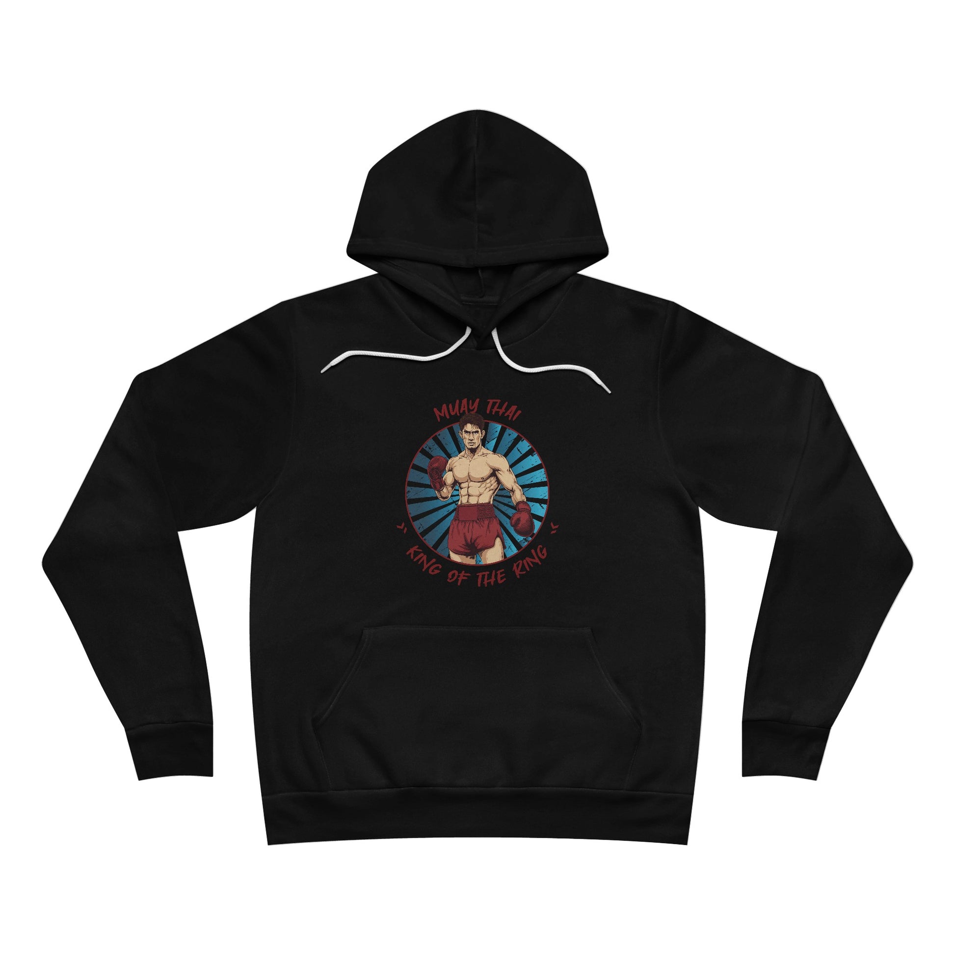 Black pullover hoodie with an illustration of a Thai boxer in the center of the chest. Written around the illustration is the text, "Muay Thai - King of the Ring".