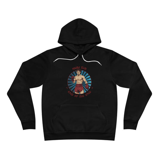 Black pullover hoodie with an illustration of a Thai boxer in the center of the chest. Written around the illustration is the text, "Muay Thai - King of the Ring".