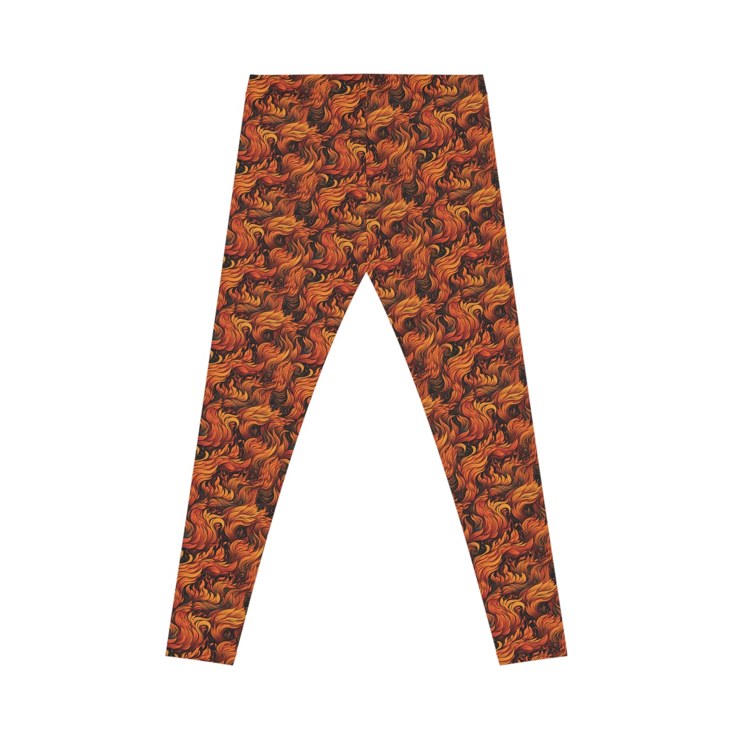 Back view of low rise leggings, with a fire and flames all-over-print, set against a white background.