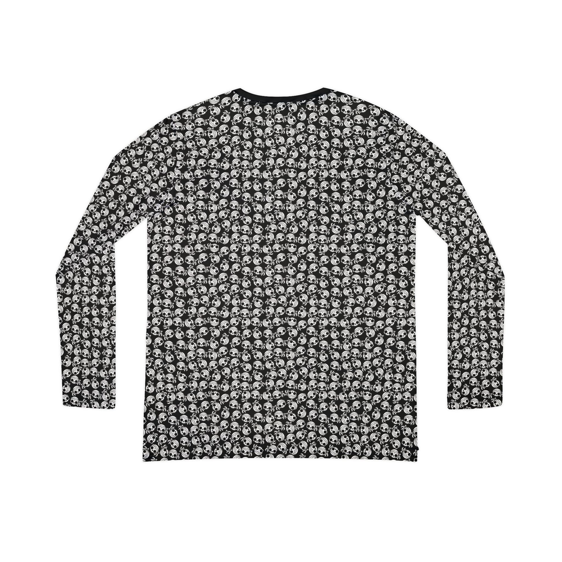 Back view of a skull-patterned, polyester blend, long sleeve Women's v-neck shirt.