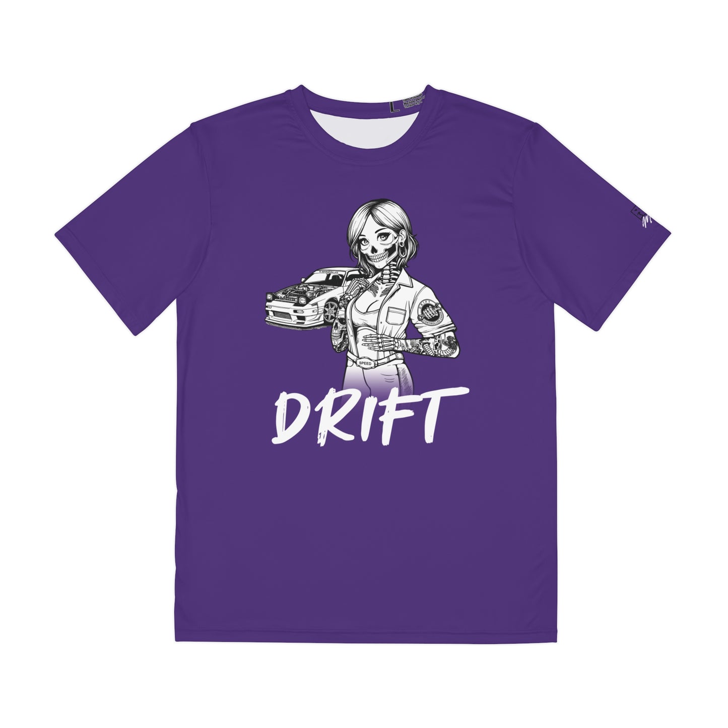 Men's purple polyester t-shirt with a design of a female skeleton dressed as a mechanic. The mechanic is standing next to her car with the word "Drift" written underneath.