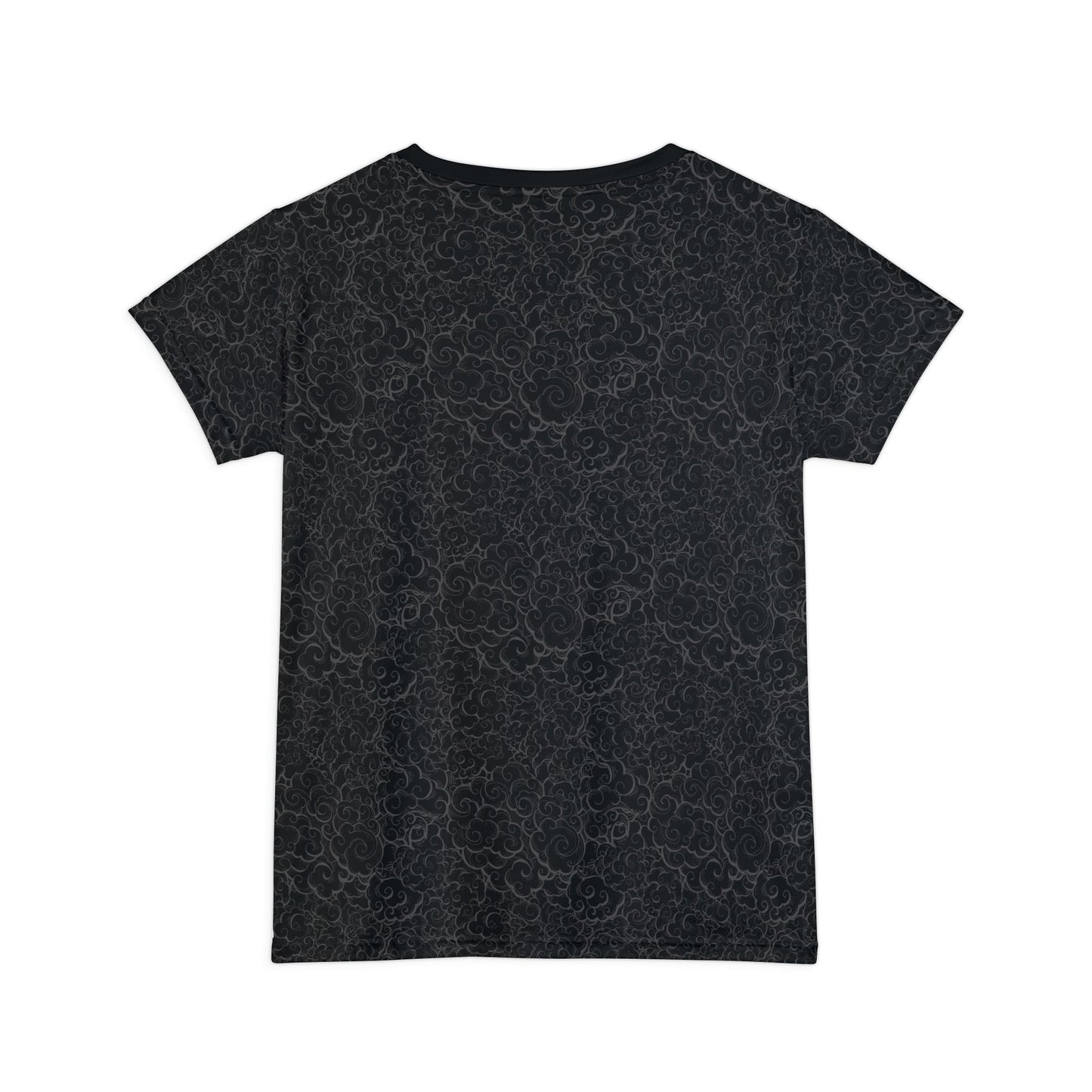 Back view of a black, women's t-shirt with a light background pattern.