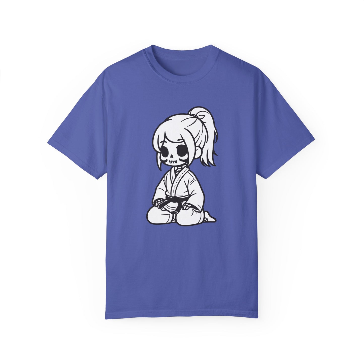 Front view of a Periwinkle colored cotton t-shirt, with a design of a skeleton girl wearing a jiu jitsu gi. Wrapped around the girl's waist is a black belt.