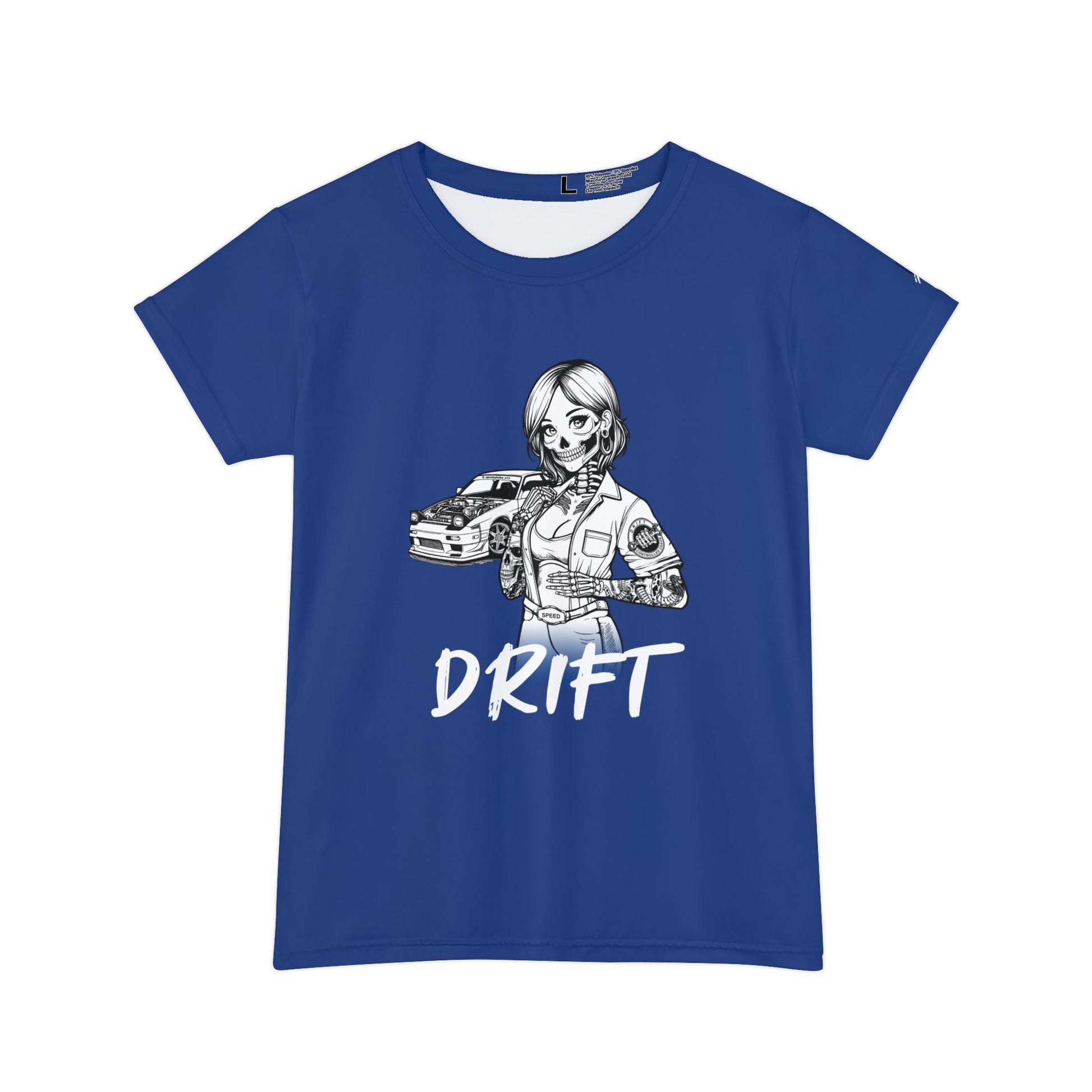 Women's dark blue, polyester blend t-shirt, with a design of a female skeleton dressed as a mechanic. The mechanic is standing next to her car with the word "Drift" written underneath.