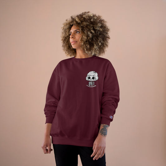 Woman wearing a maroon colored sweatshirt with a design of a skeleton girl holding a cup of coffee. Written underneath is the text "I'm dying for coffee". The design is placed on the left chest area of the sweatshirt.