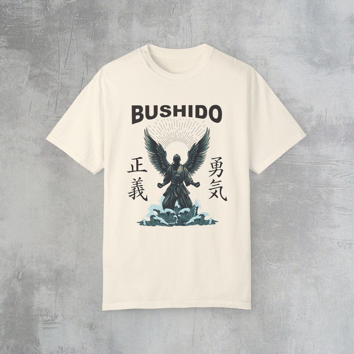 Front view of an ivory colored, cotton t-shirt with an illustration of a martial artist with angel wings. The text above the design reads "Bushido", and the kanji on the left and right sides are translated to English as "Justice" and "Courage".