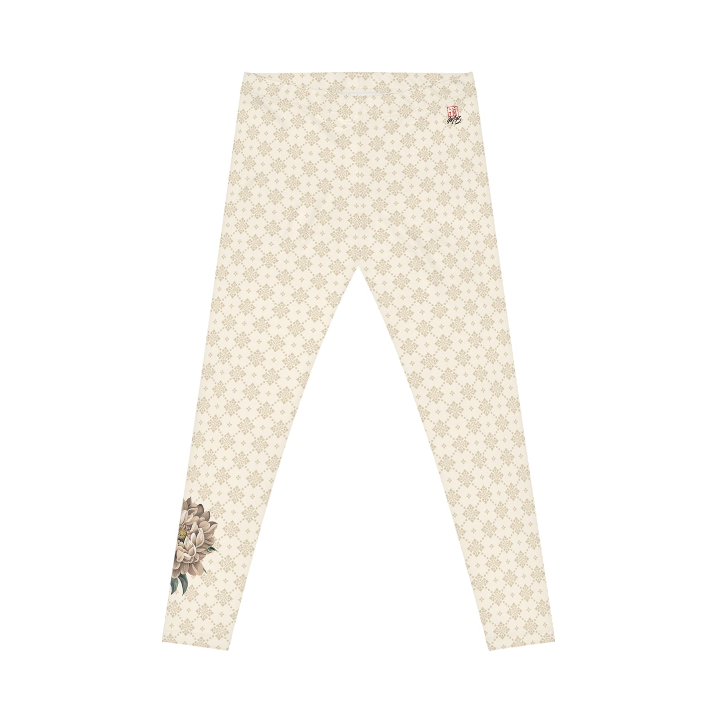 Front view of off-white colored patterned leggings, with a flower printed on the lower calf area of the right leg. The MartialBoutique logo appears on the upper left hip area of the leggings.