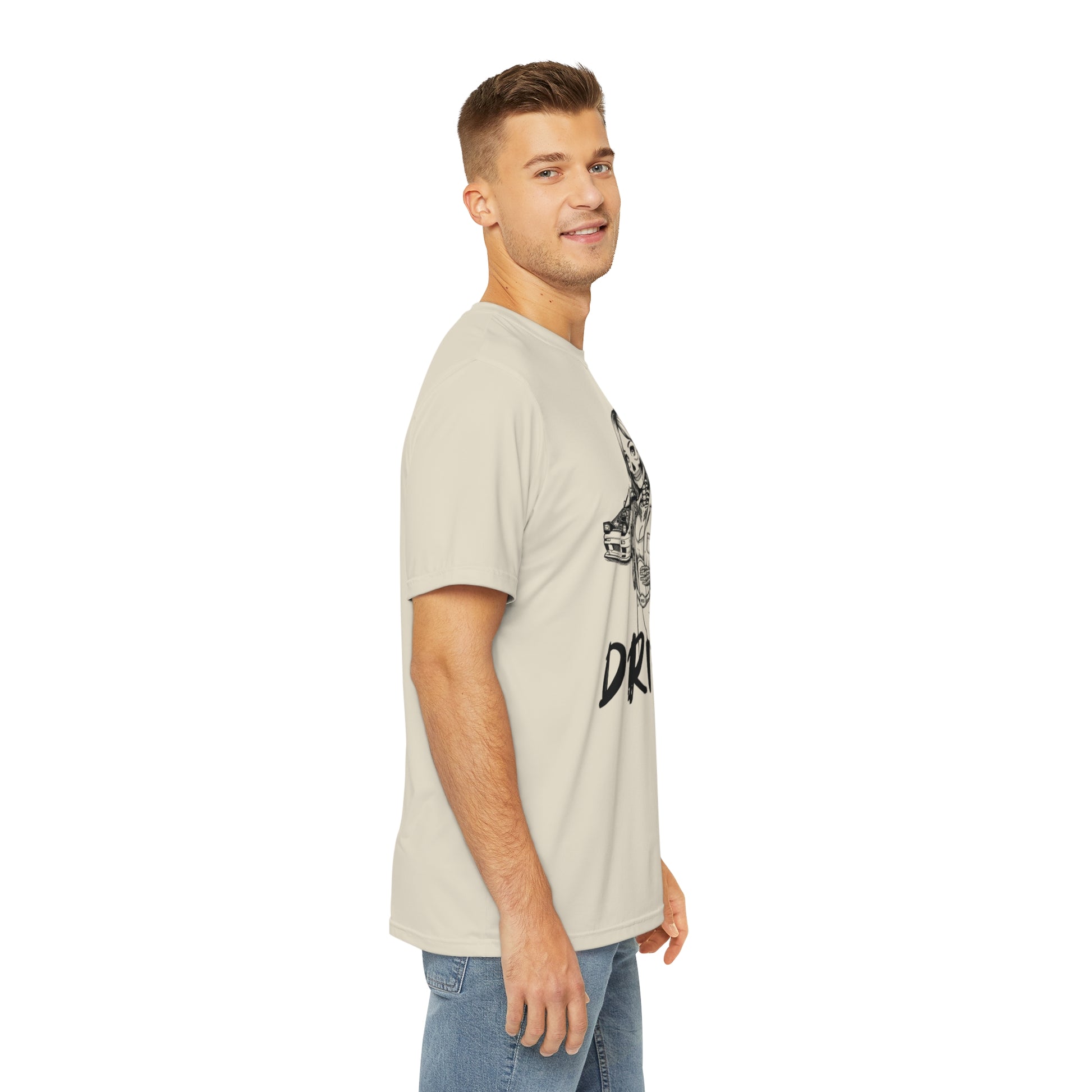 Right side view of a man wearing an off-white t-shirt, with a design of a female skeleton dressed as a mechanic printed on the front.