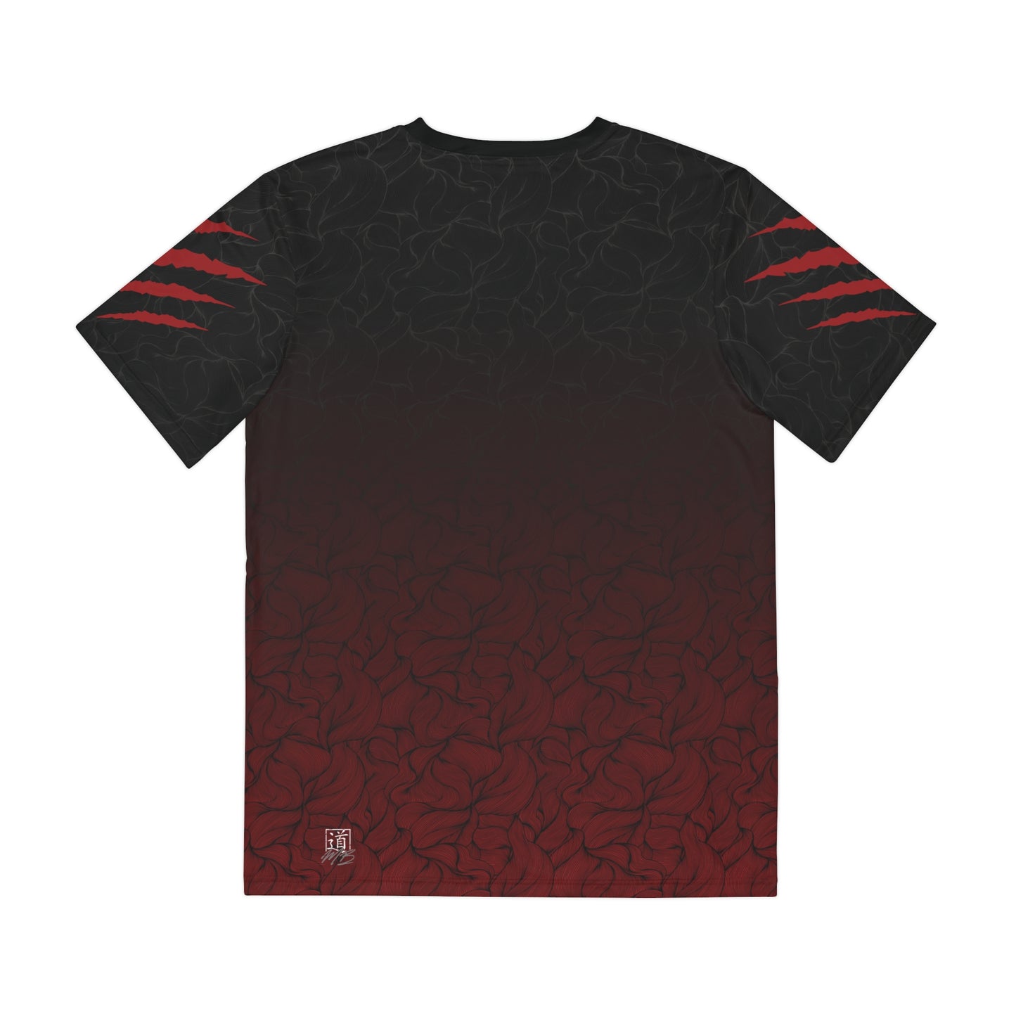 Back view of a black and red, polyester, all over print t-shirt. The sleeves of the shirt have claw marks across them.