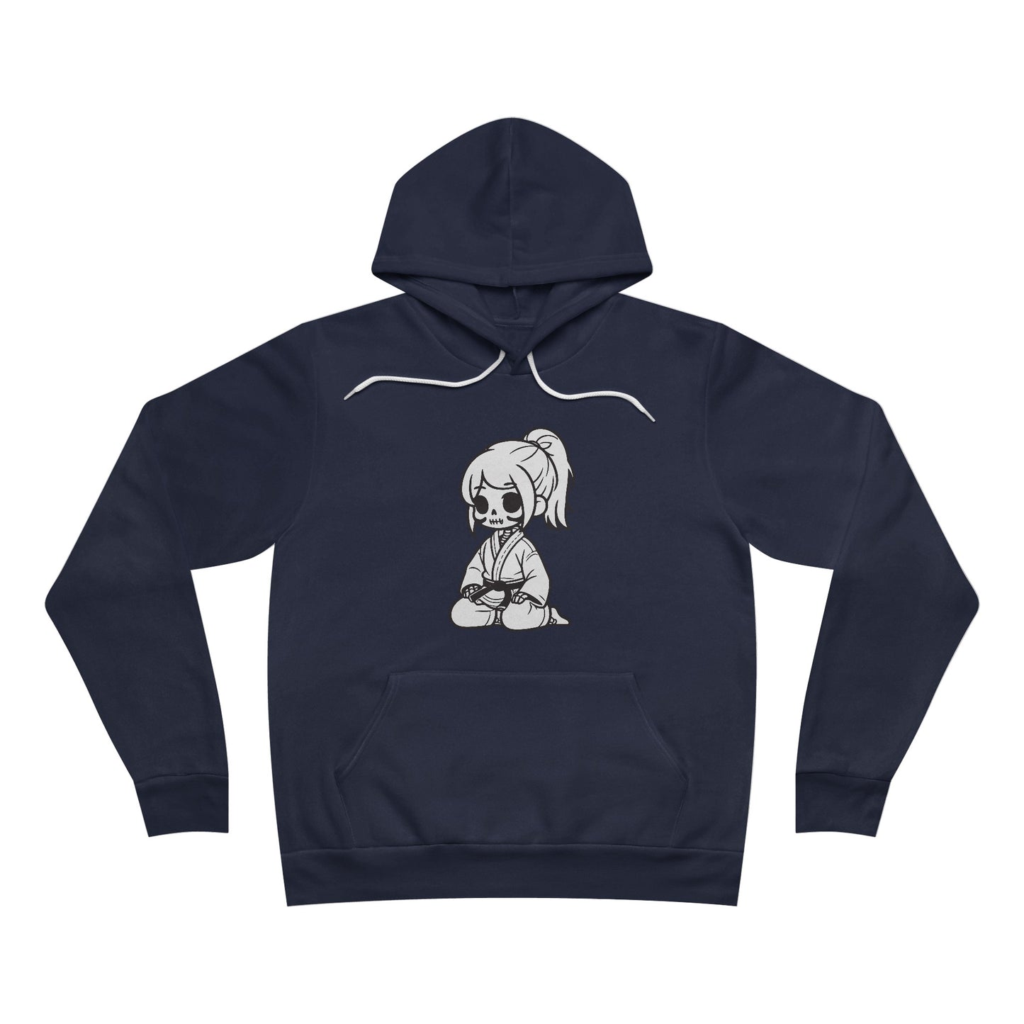 Front view of a navy colored, pullover hoodie, with a design of a skeleton girl wearing a jiu jitsu gi and black belt on the front.