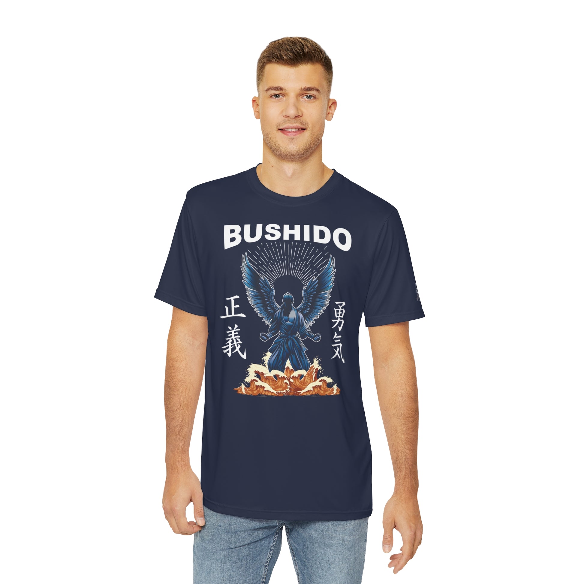 Man wearing a navy colored polyester t-shirt with an illustration of a martial artist with angel wings. The text above the design reads "Bushido", and the kanji on the left and right sides are translated to English as "Justice" and "Courage".