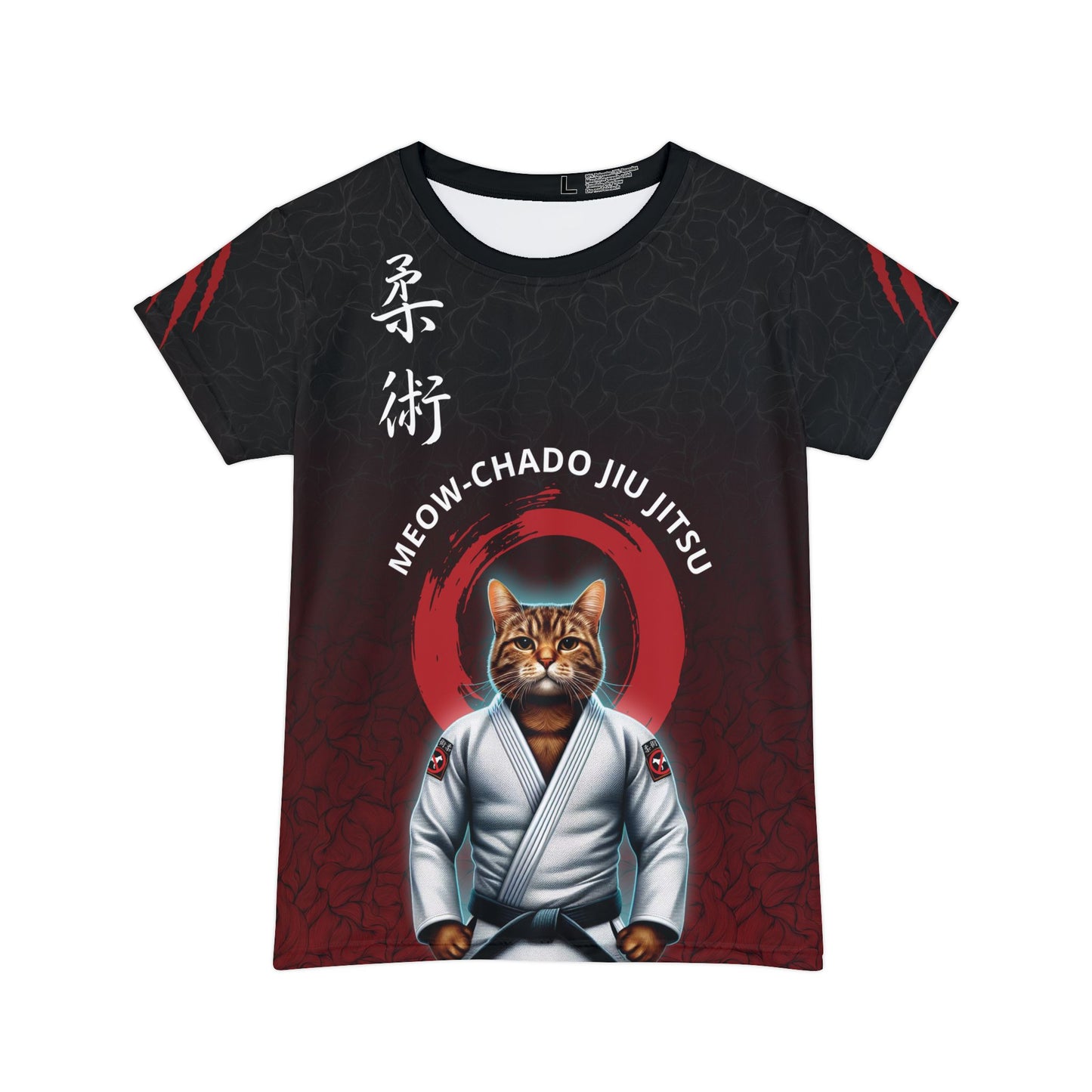 Front view of a black and red polyester, all over print t-shirt, with an illustration of a cat wearing a Jiu Jitsu gi and black belt. Written above the cat is the text "Meow-Chado Jiu Jitsu". The sleeves of the shirt have claw marks across them.