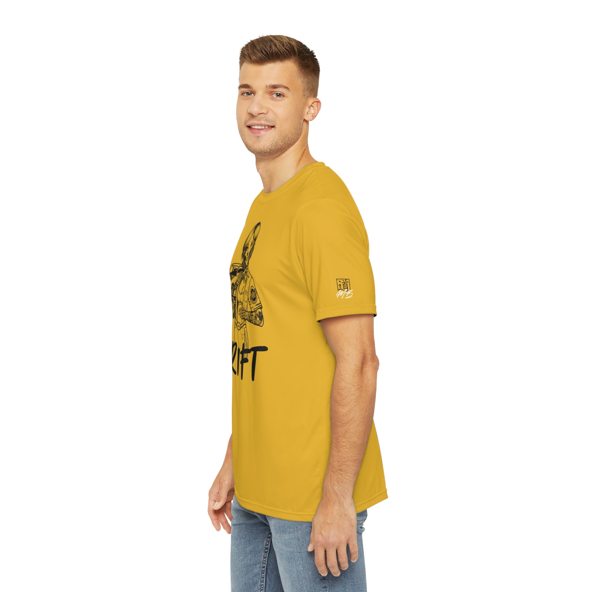 Left side view of a man wearing a yellow polyester t-shirt, with a design of a female skeleton dressed as a mechanic printed on the front. The MartialBoutique logo appears on the left sleeve.