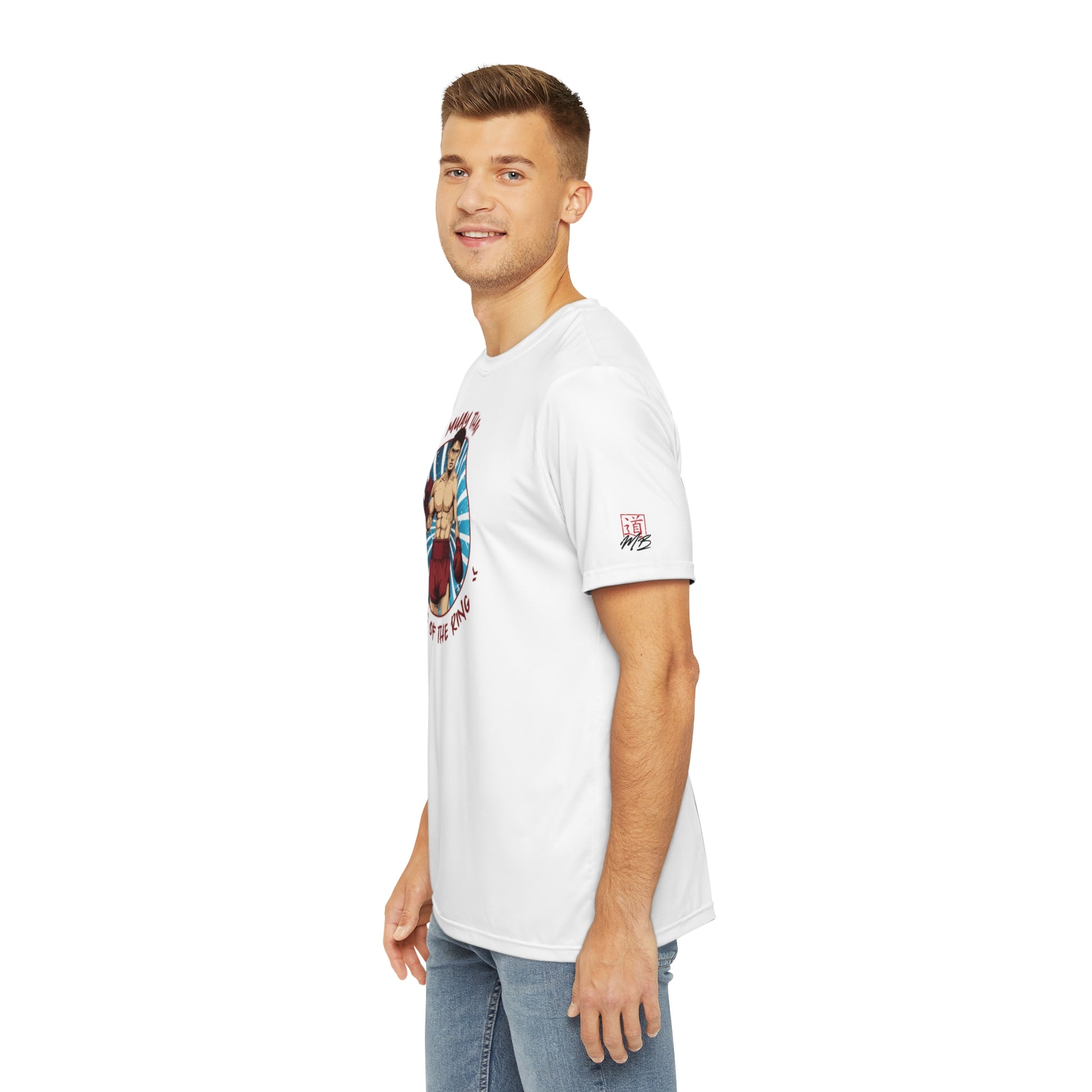 Left side view of a man wearing a white polyester t-shirt, with an illustration of a Thai boxer in the center of the chest. The MartialBoutique logo is printed on the left sleeve.