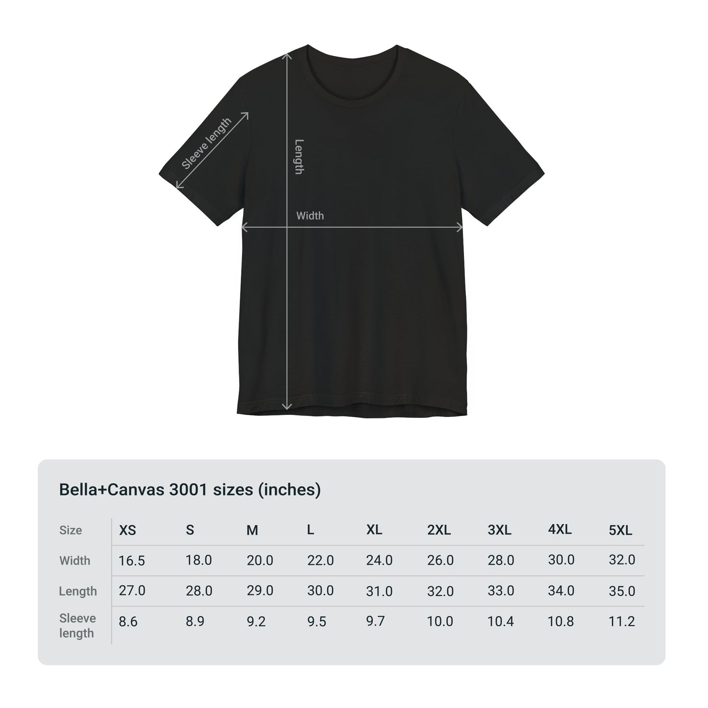 Bella+Canvas 3001 t-shirt size guide.