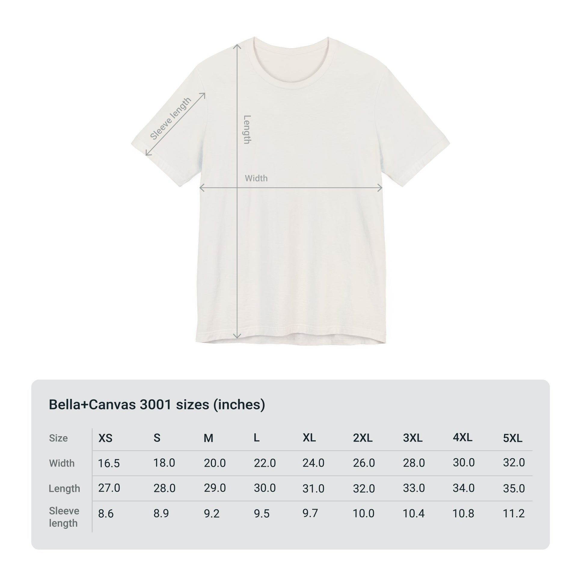 Bella+Canvas 3001 t-shirt size guide.