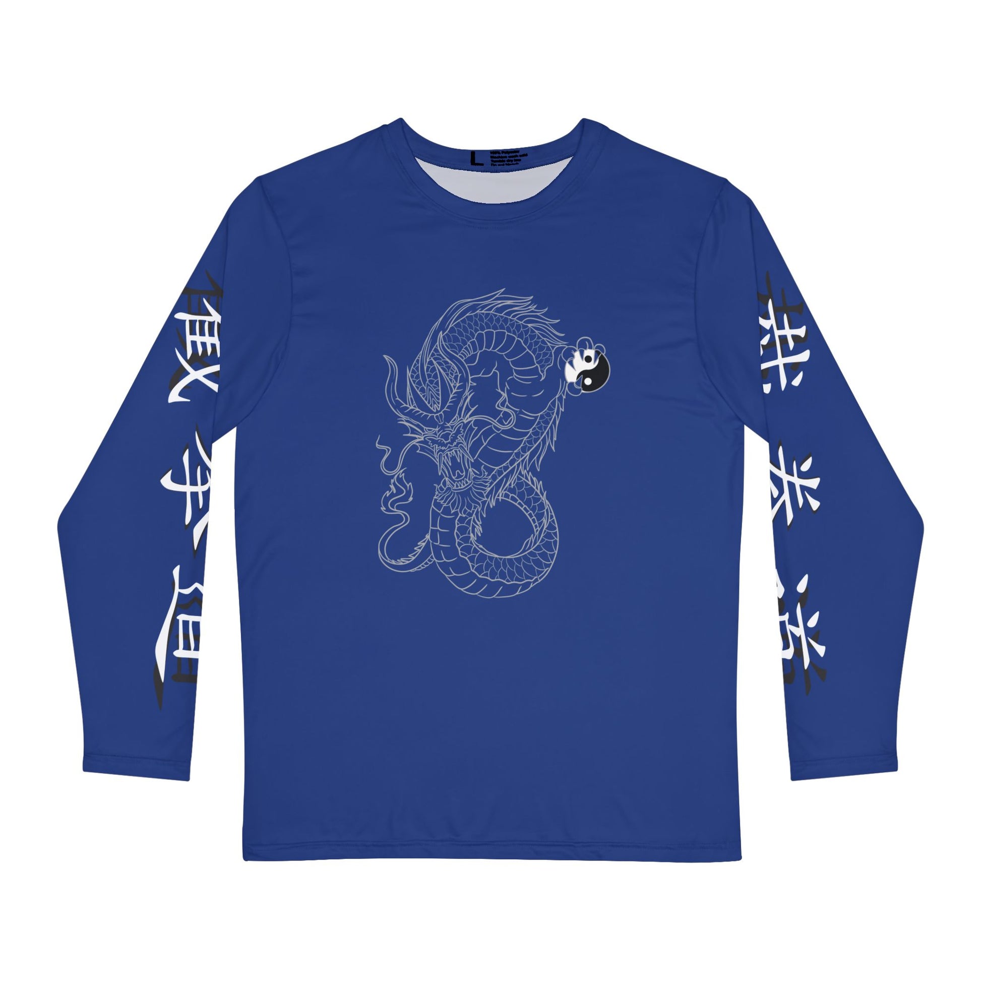 Front view of a dark blue, polyester long sleeve t-shirt, with a design of a dragon on the chest. Jeet Kune Do is written vertically on both sleeves in Chinese characters.