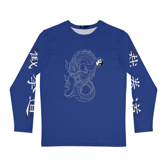 Front view of a dark blue, polyester long sleeve t-shirt, with a design of a dragon on the chest. Jeet Kune Do is written vertically on both sleeves in Chinese characters.