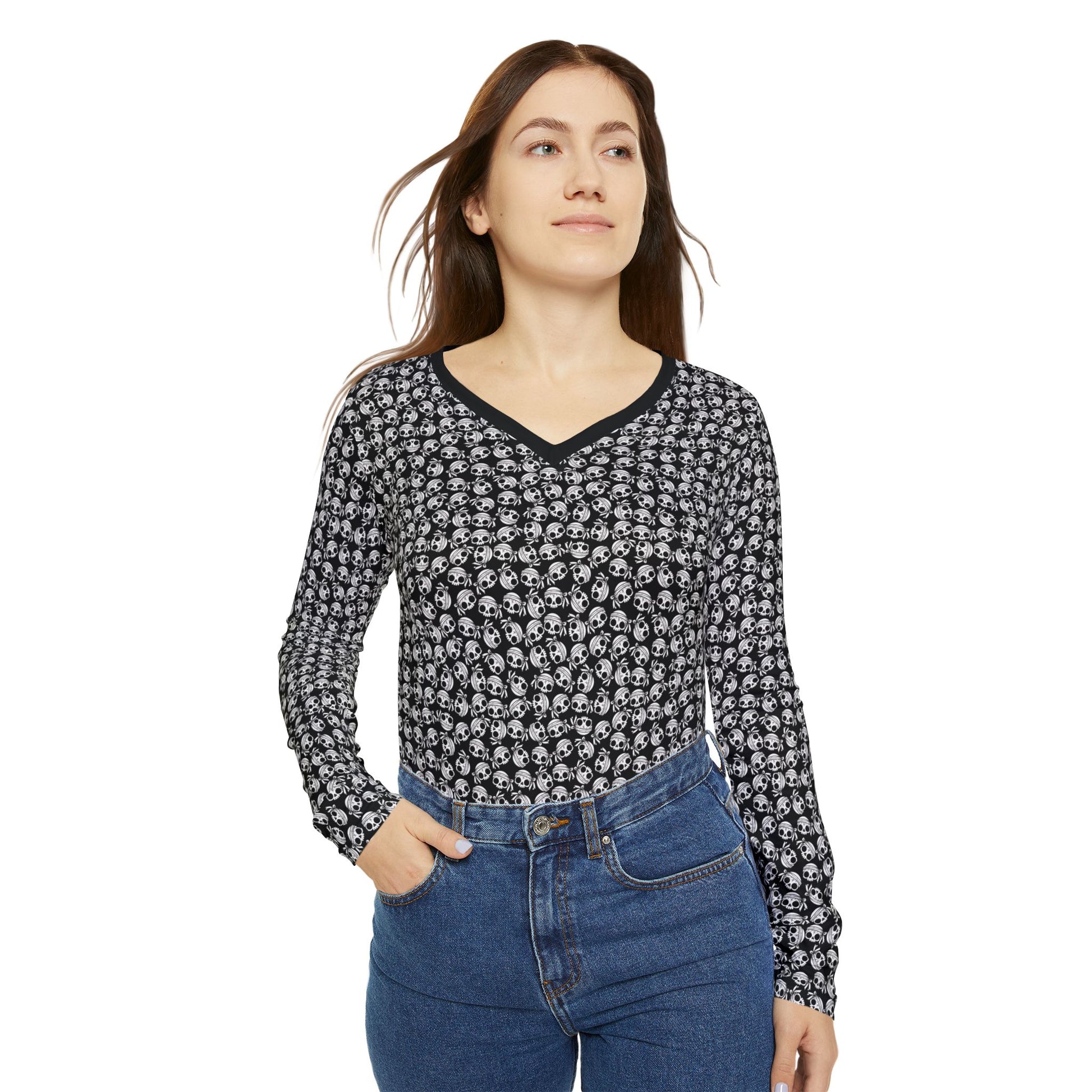 Alternate front view of a woman wearing a skull-patterned, polyester blend, long sleeve Women's v-neck shirt.