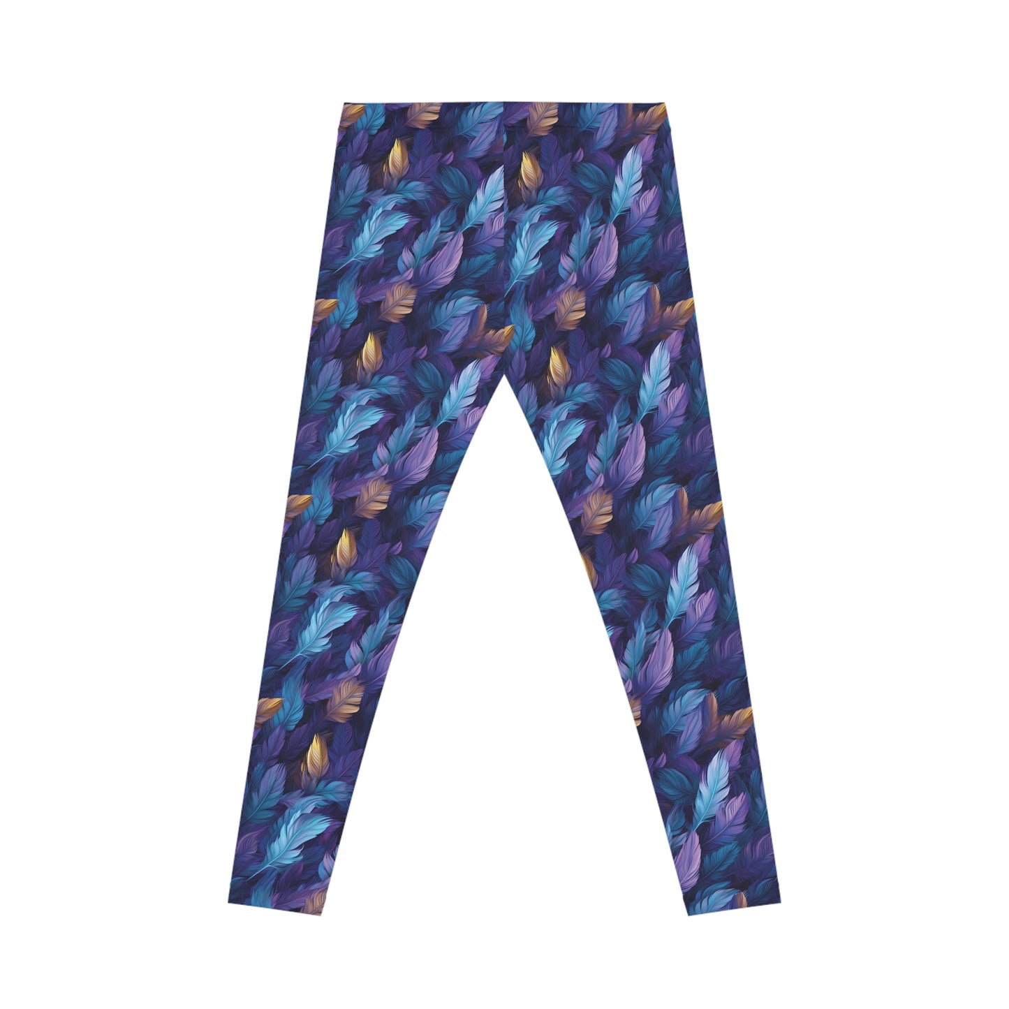 Back view of low rise leggings with a blue and purple feather print, set against a white background.