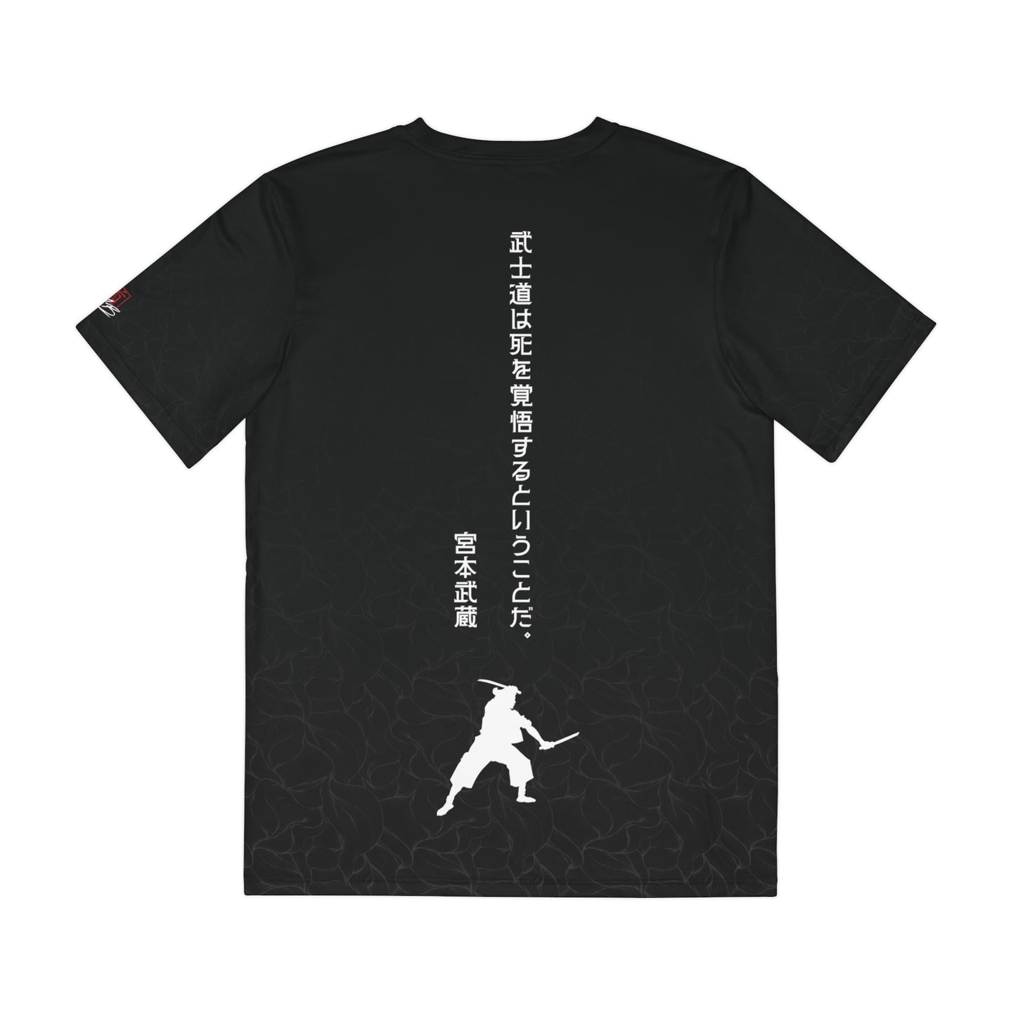 Back view of a black polyester t-shirt, with modern Japanese text written vertically that reads, "Bushido means being prepared to die." Below the text is a silhouette image of Miyamoto Musashi wielding two swords.