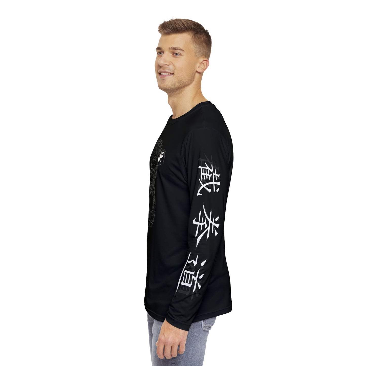 Left side view of a man wearing a black, polyester long sleeve t-shirt, with a design of a dragon on the chest. Jeet Kune Do is written vertically on the sleeve in Chinese characters.