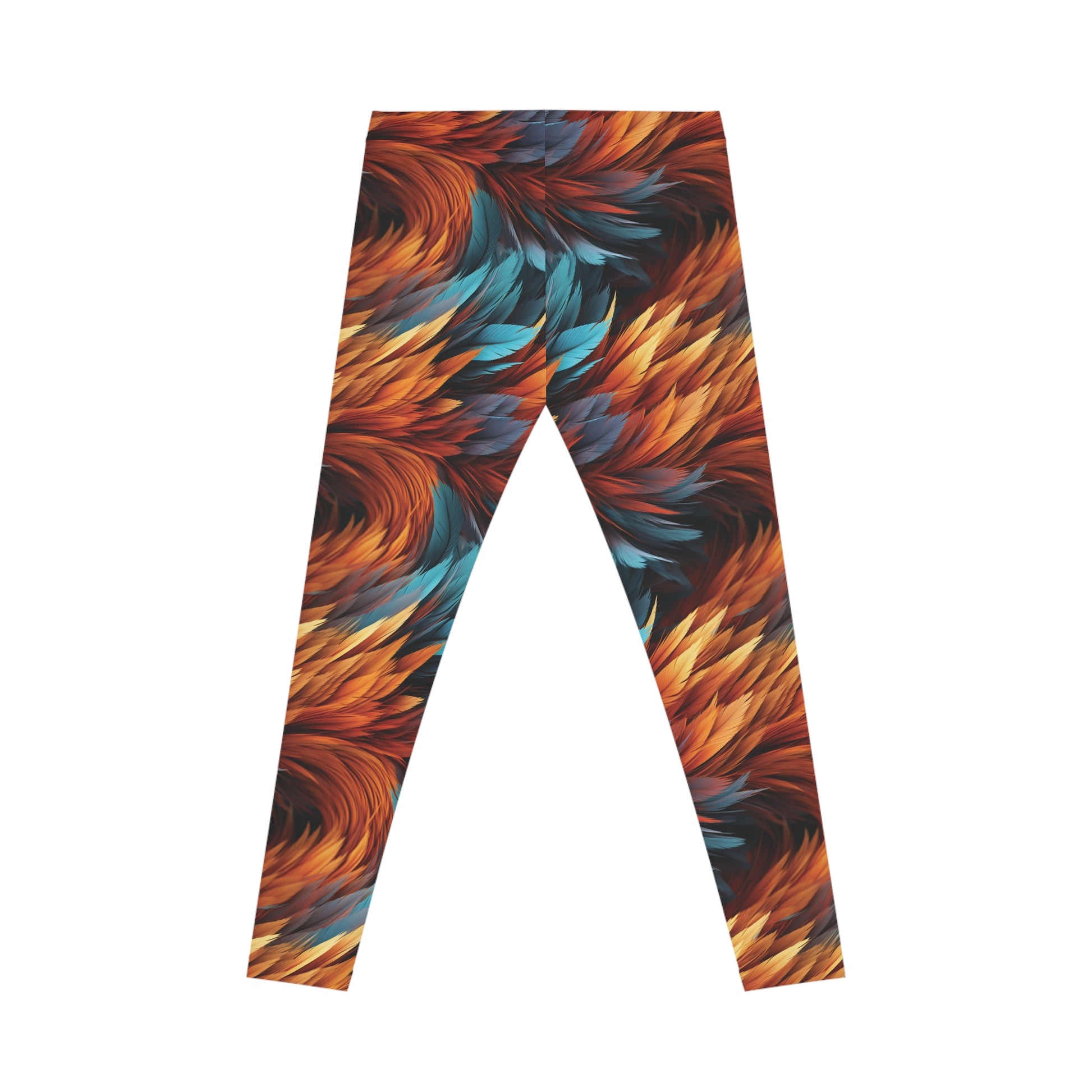 Back view of aqua and orange colored, feather print low rise leggings, set against a white background.