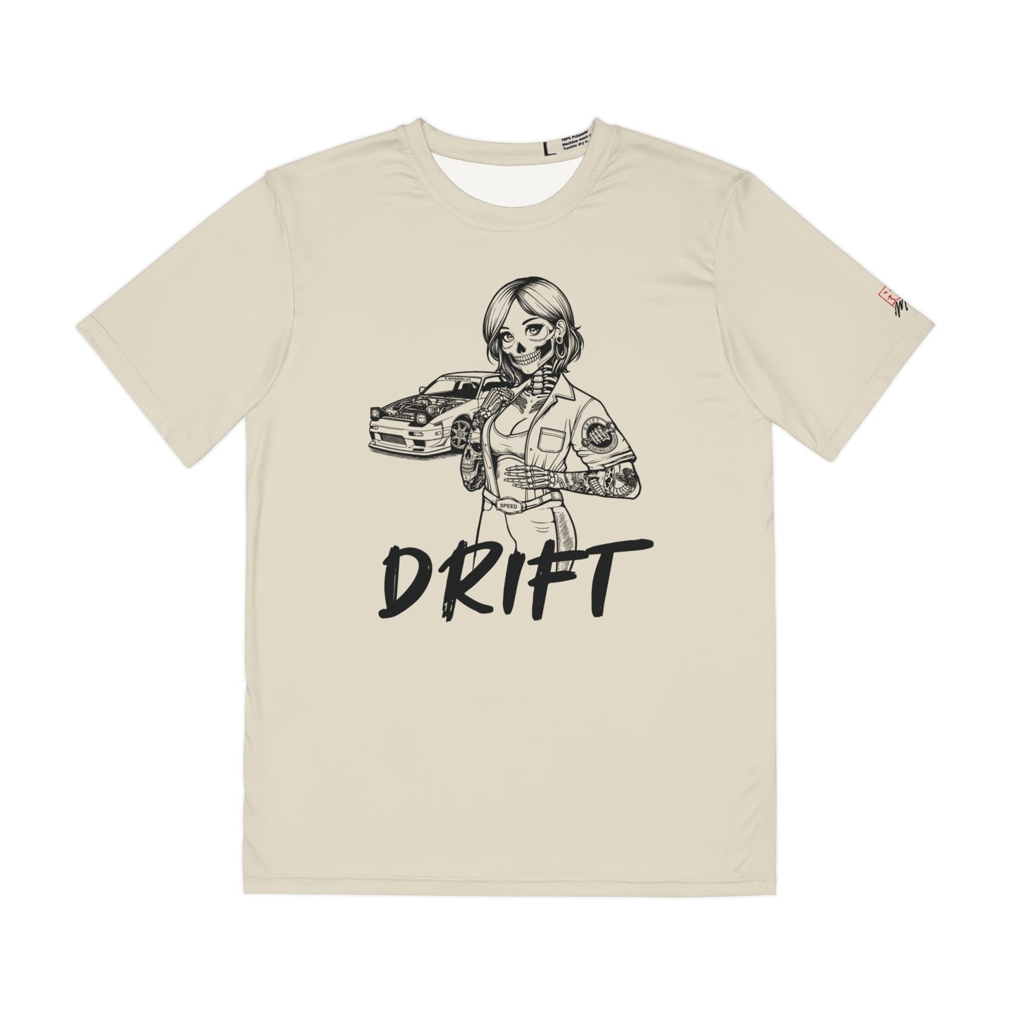 Front view of an off-white t-shirt with a design of a female skeleton dressed as a mechanic. The mechanic is standing next to her car with the word "Drift" written underneath.