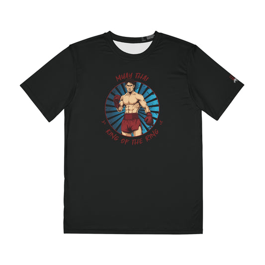 Black polyester t-shirt with an illustration of a Thai boxer in the center of the chest. Written around the illustration is the text, "Muay Thai - King of the Ring".