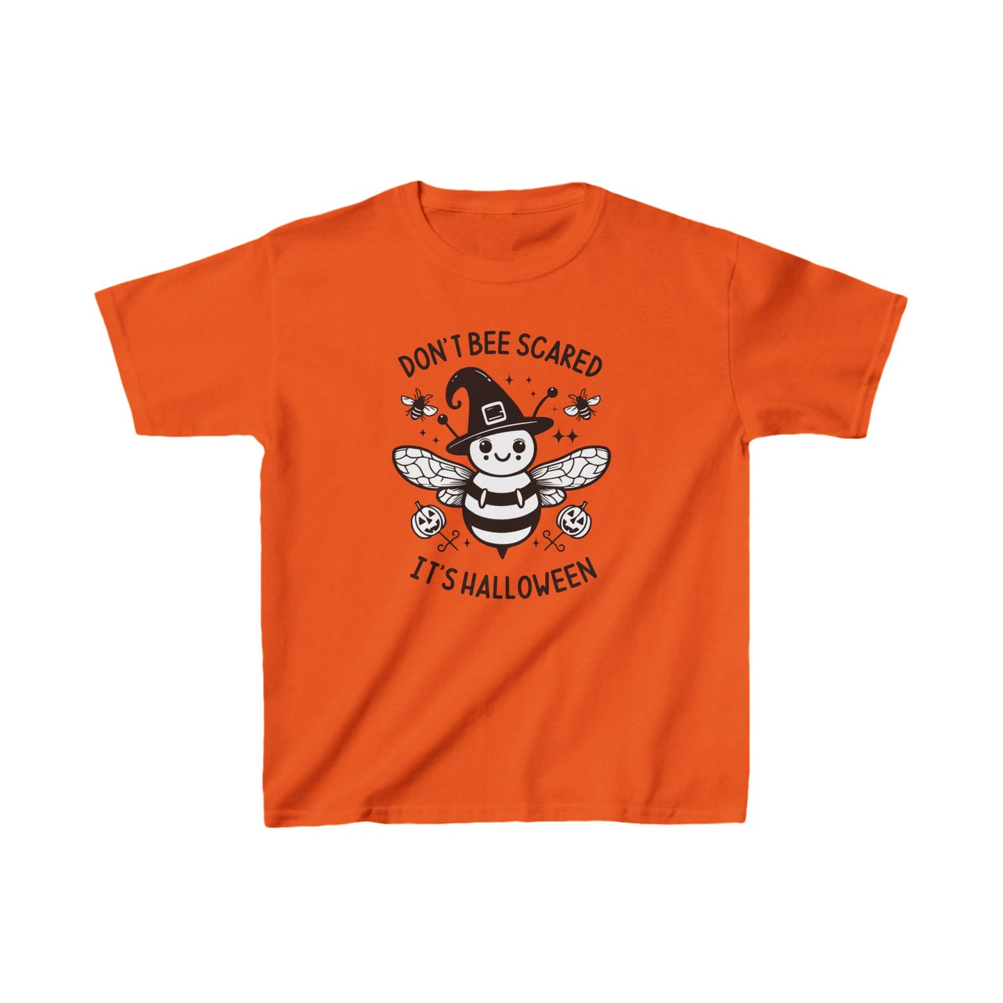 Front view of an orange colored kids t-shirt, with a design of a bumble bee wearing a witches hat on the front. Surrounding the design is text that reads "Don't bee scared, it's Halloween".