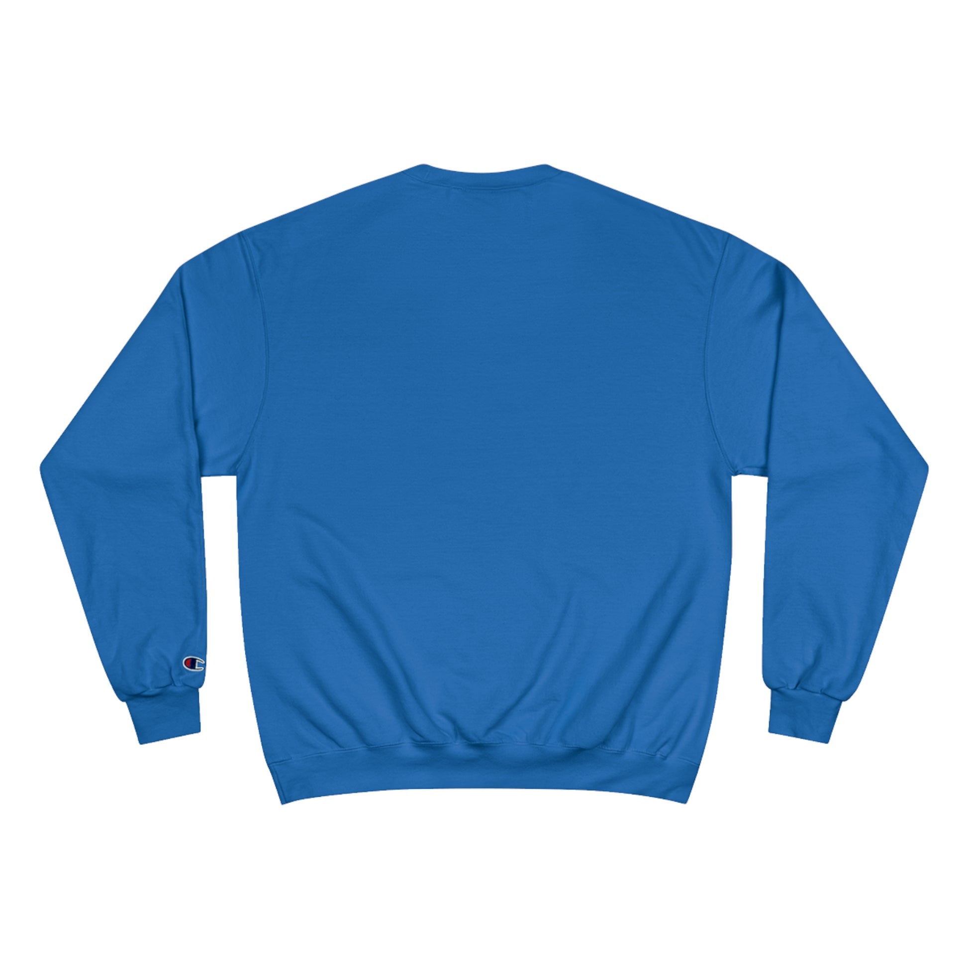 Back view of a royal blue colored, Champion brand sweatshirt.